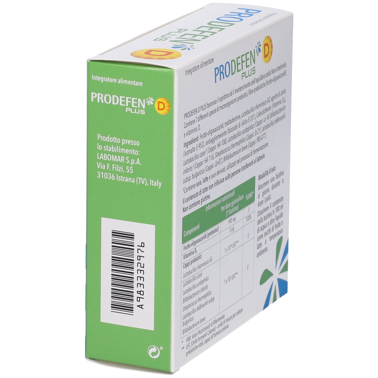 PRODEFEN D PLUS-Verpackung. Weiße Schachtel mit Produktnamen und Inhaltsangaben. Ansicht schräg.