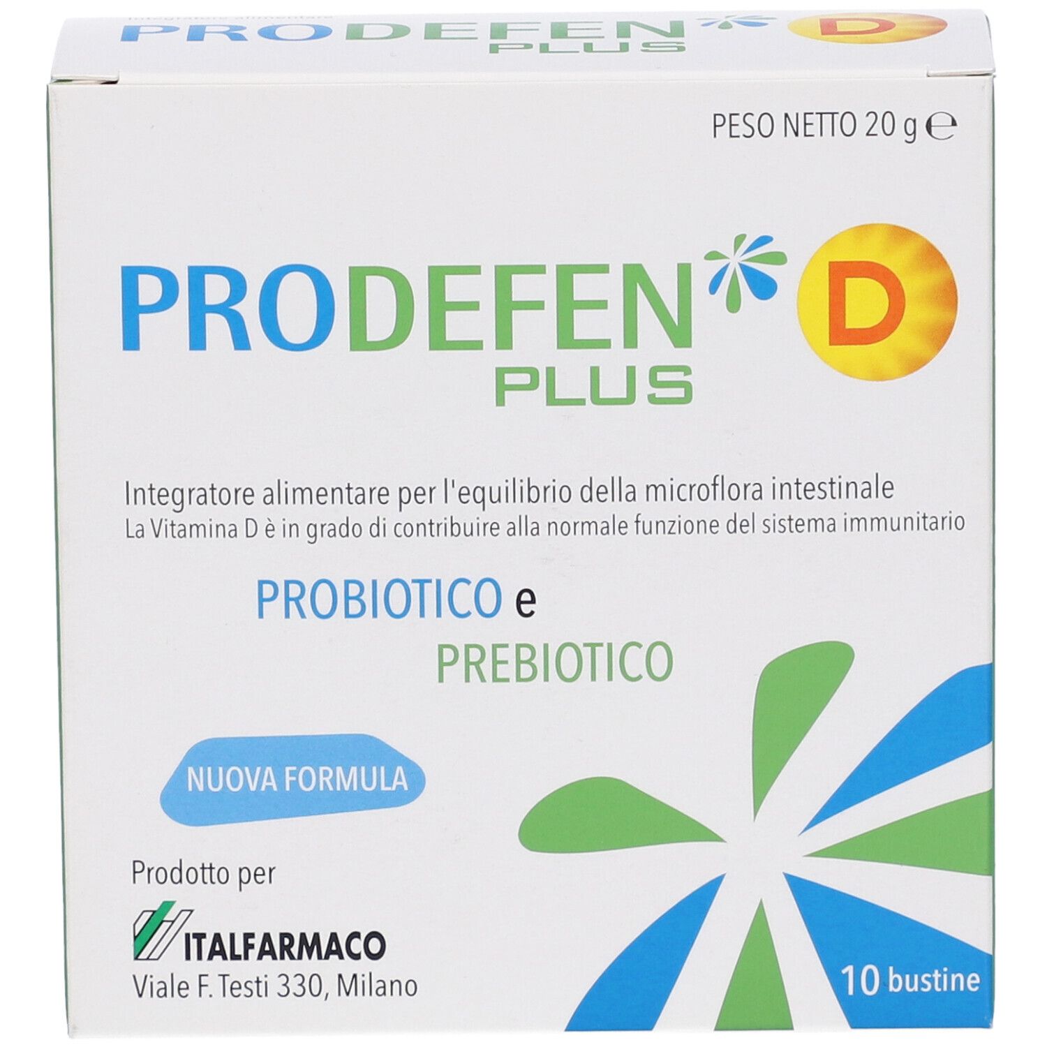 PRODEFEN D PLUS-Verpackung. Weiße Schachtel mit Produktnamen, Logo und Inhaltsangaben. 10 Beutel.