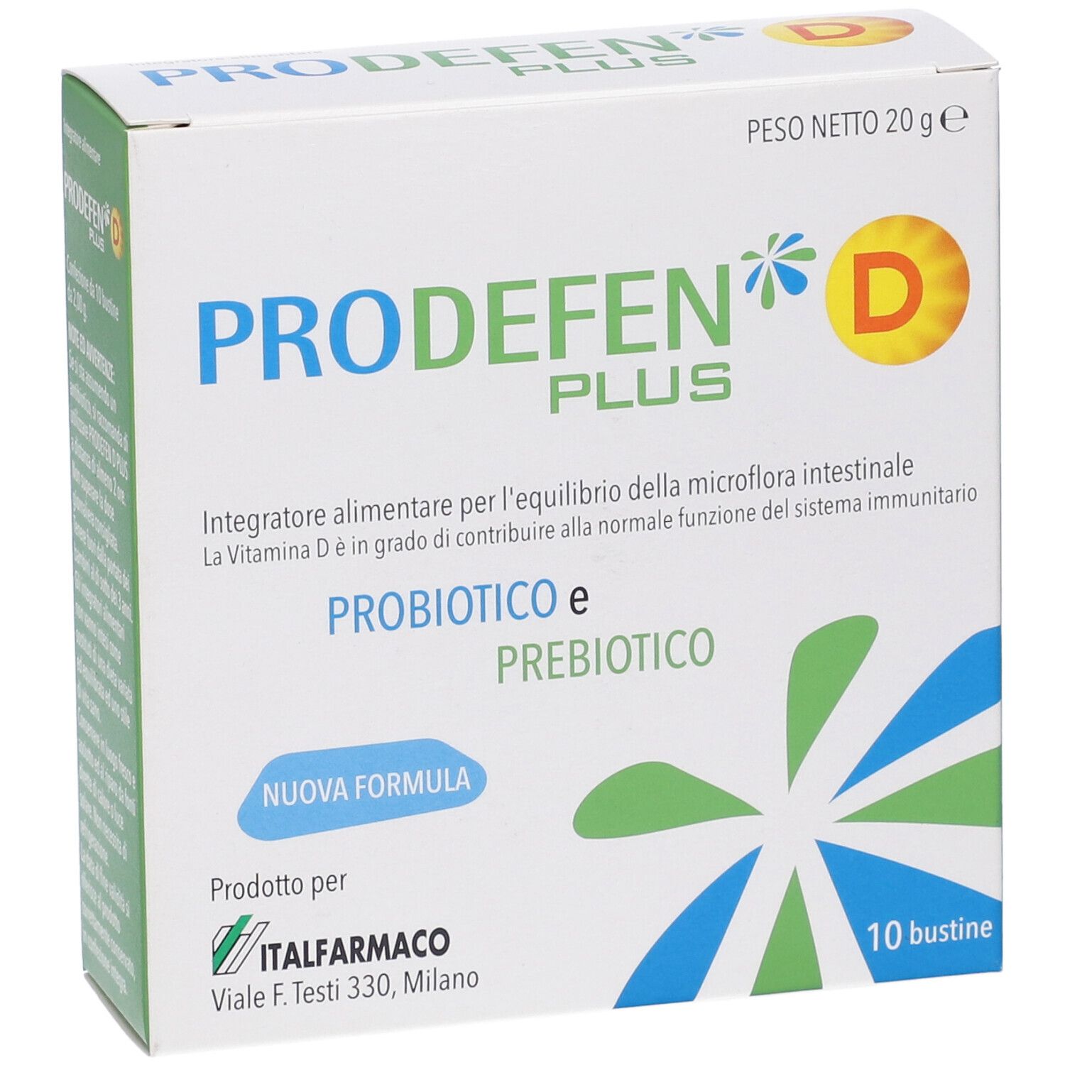PRODEFEN D PLUS-Verpackung. Weiße Schachtel mit Produktnamen, Logo und Inhaltsangaben. 10 Beutel.