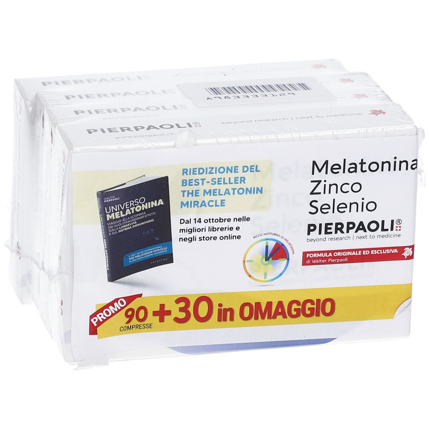 Confezione di compresse. Scritta: Melatonina Zinco Selenio, PIERPAOLI. Confezione promozionale 90+30 compresse.