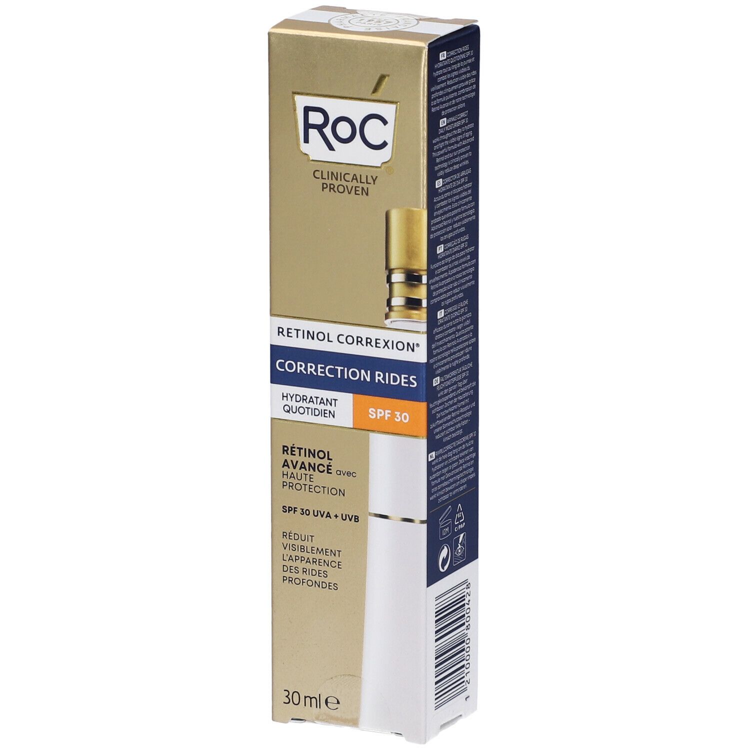 Confezione ROC Retinol Correxion idratante quotidiana SPF 30. Scatola oro, bianca e blu. Immagine del prodotto. Testo: Retinol Correxion, SPF 30.