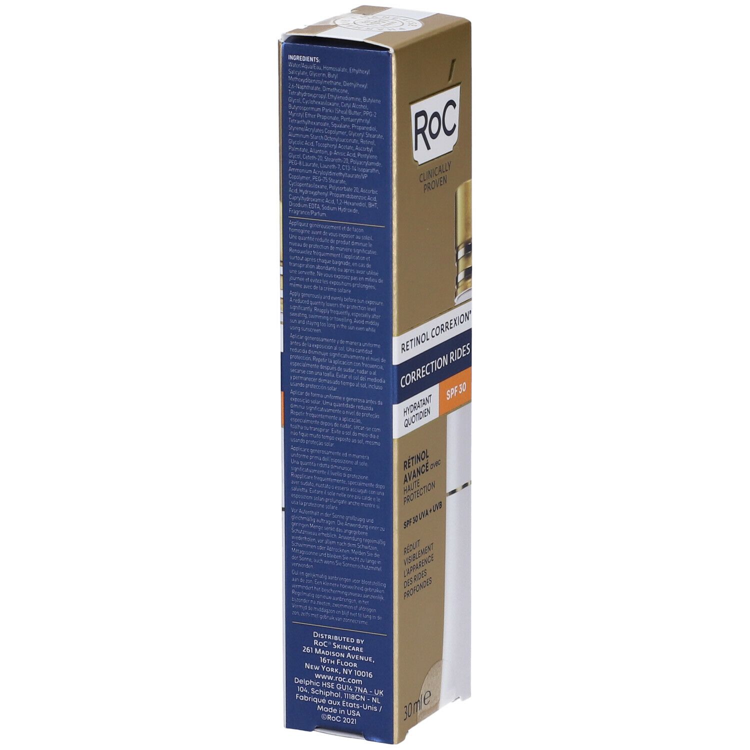 Retro della confezione ROC Retinol Correxion. Testo multilingue. Contiene ingredienti, informazioni produttore e codice a barre.