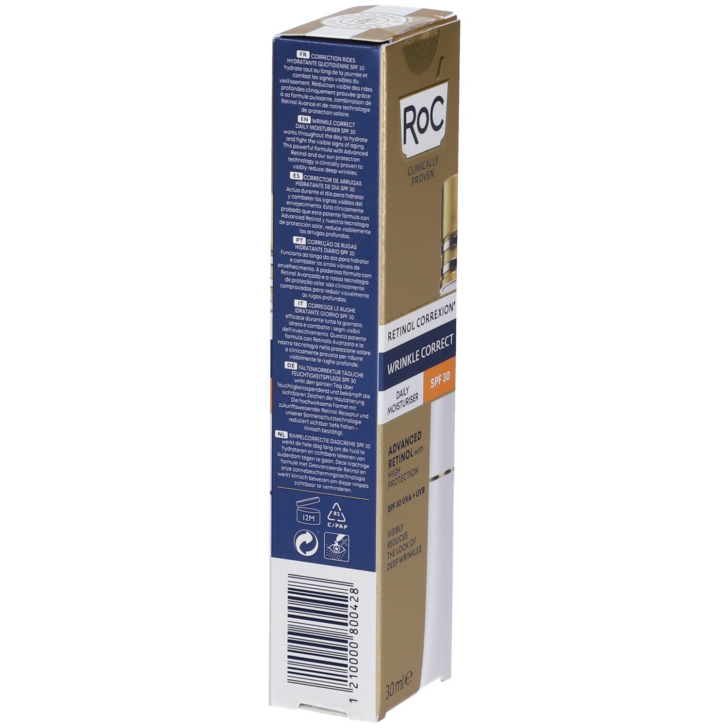 Retro della confezione ROC Retinol Correxion. Testo multilingue. Contiene ingredienti, informazioni produttore e codice a barre.