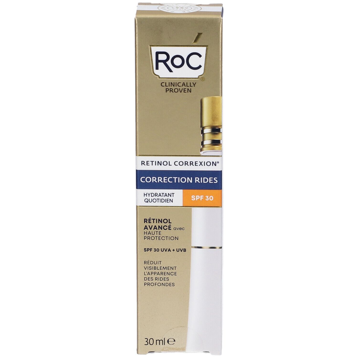 Confezione ROC Retinol Correxion idratante quotidiana SPF 30. Scatola oro, bianca e blu. Immagine del prodotto. Testo: Retinol Correxion, SPF 30.