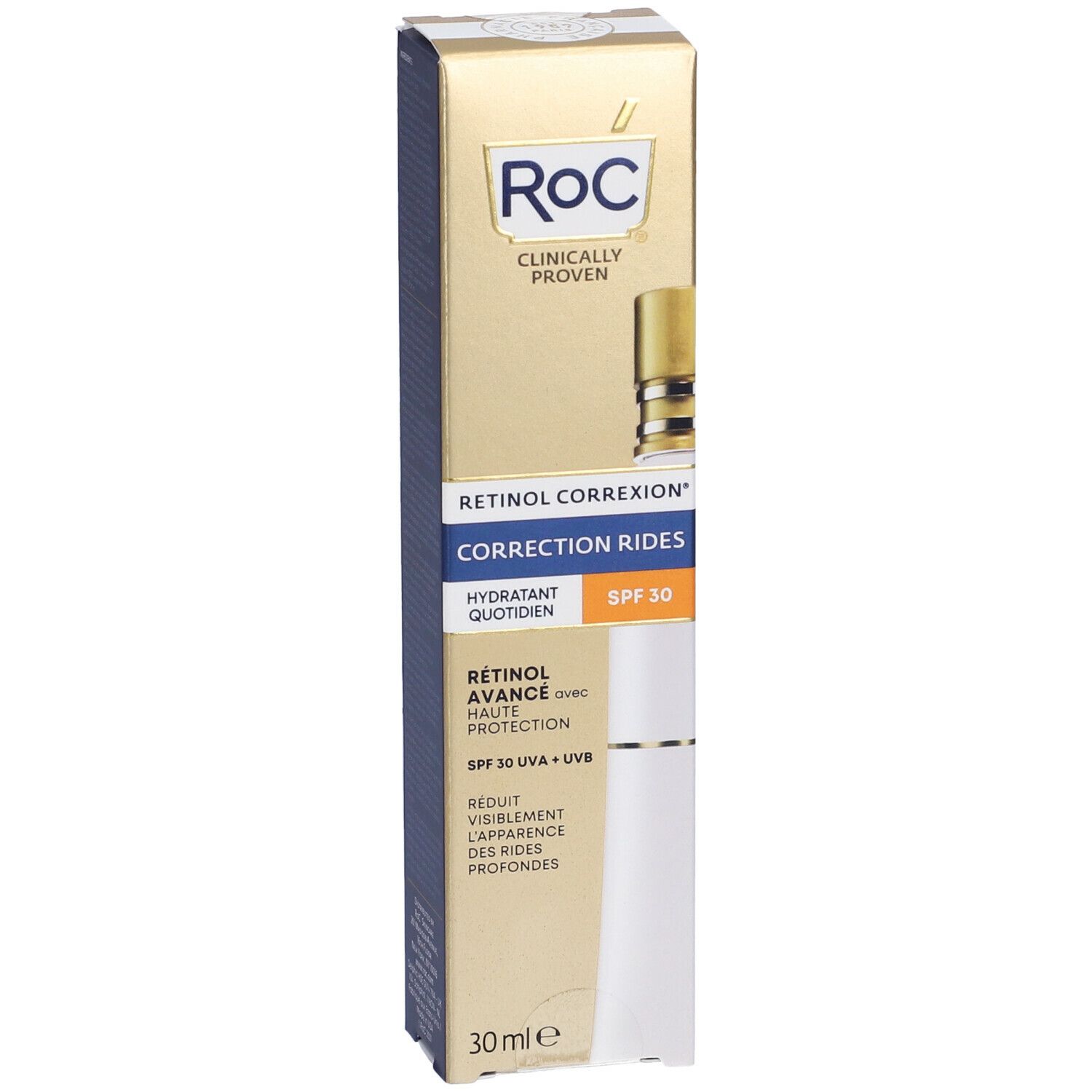 Confezione ROC Retinol Correxion idratante quotidiana SPF 30. Scatola oro, bianca e blu. Immagine del prodotto. Testo: Retinol Correxion, SPF 30.