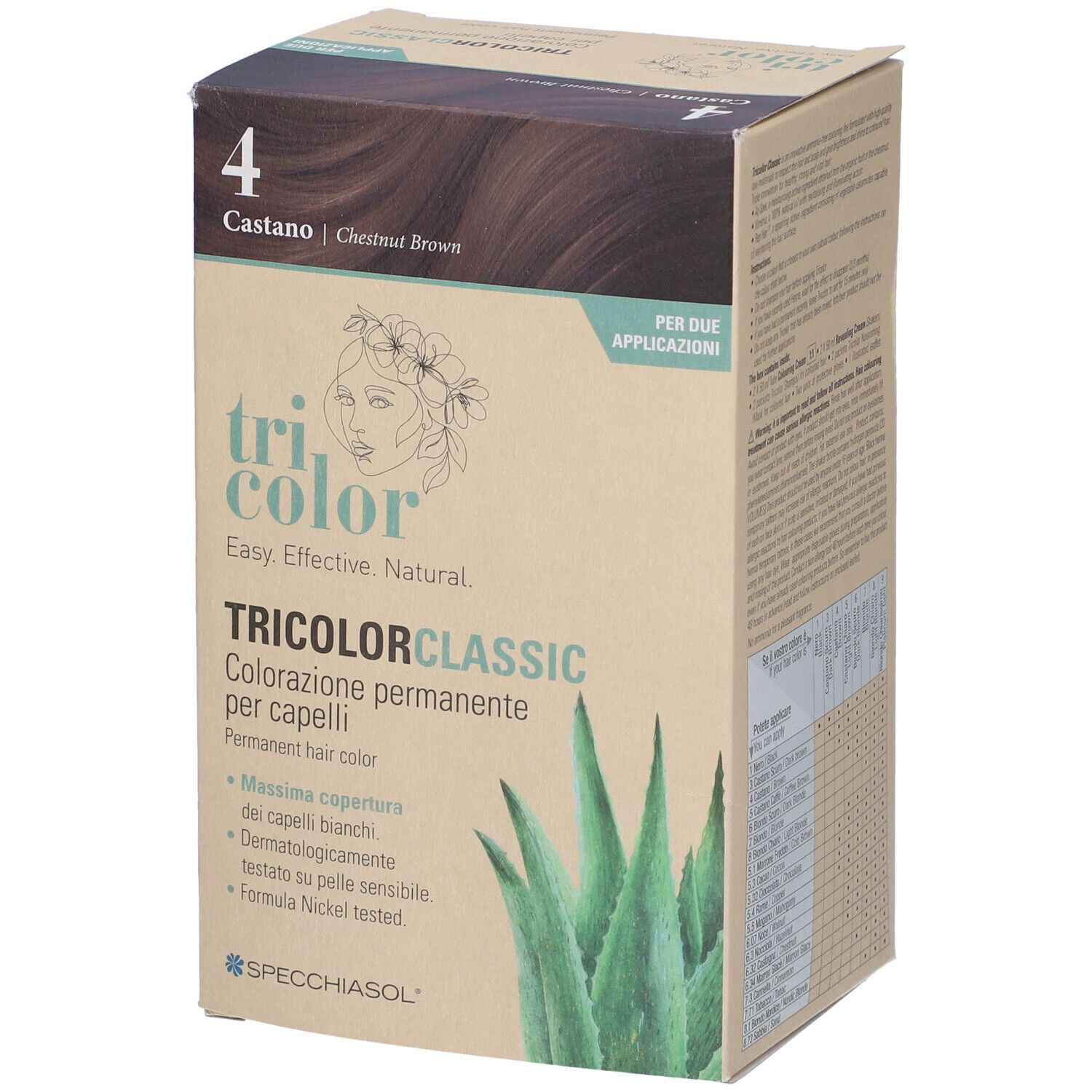 Scatola Tricolor Classic, colorazione permanente per capelli. Colore 4, Castano/Chestnut Brown. Logo SPECCHIASOL. Immagine aloe vera.