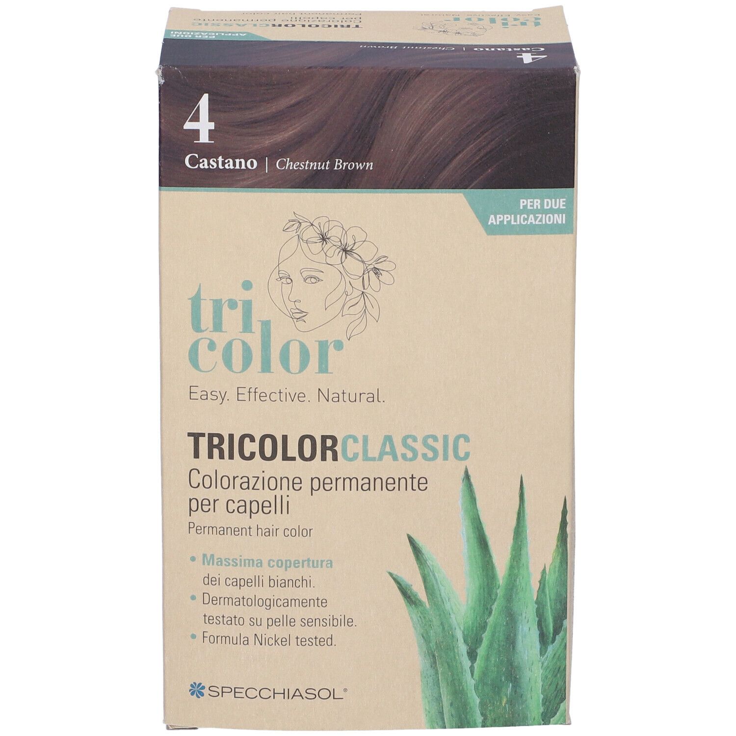 Scatola Tricolor Classic, colorazione permanente per capelli. Colore 4, Castano/Chestnut Brown. Logo SPECCHIASOL. Immagine aloe vera.
