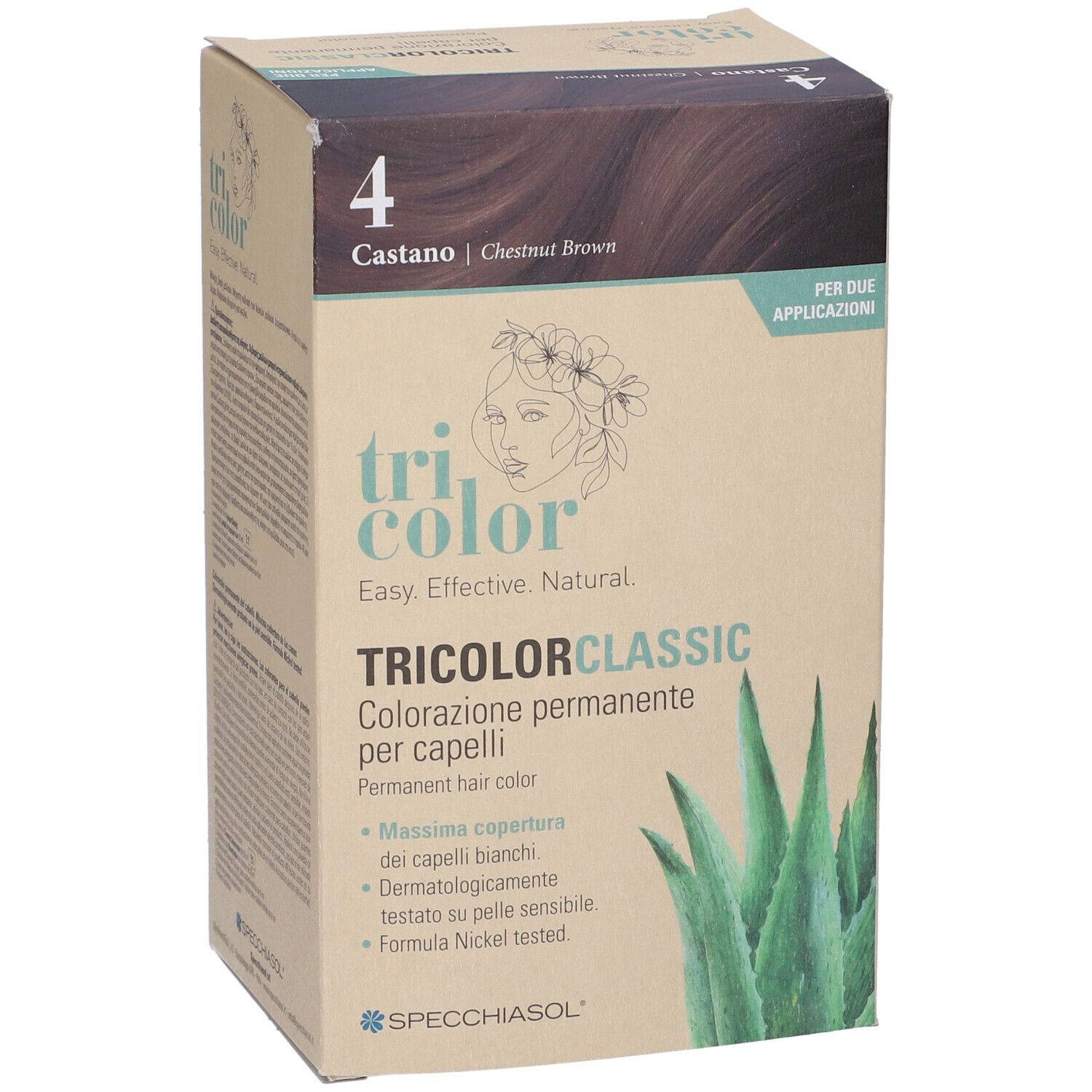 Scatola Tricolor Classic, colorazione permanente per capelli. Colore 4, Castano/Chestnut Brown. Logo SPECCHIASOL. Immagine aloe vera.