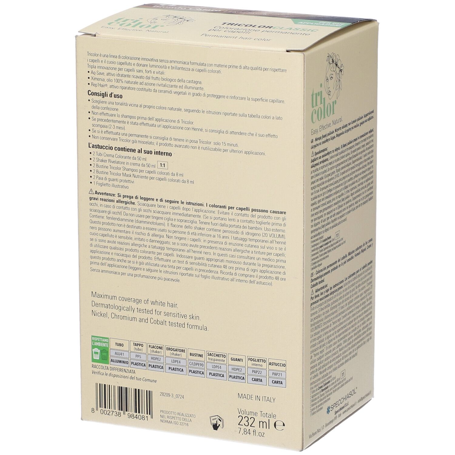Confezione di tintura per capelli Tricolor, 232 ml. Contiene istruzioni e informazioni sul contenuto.
