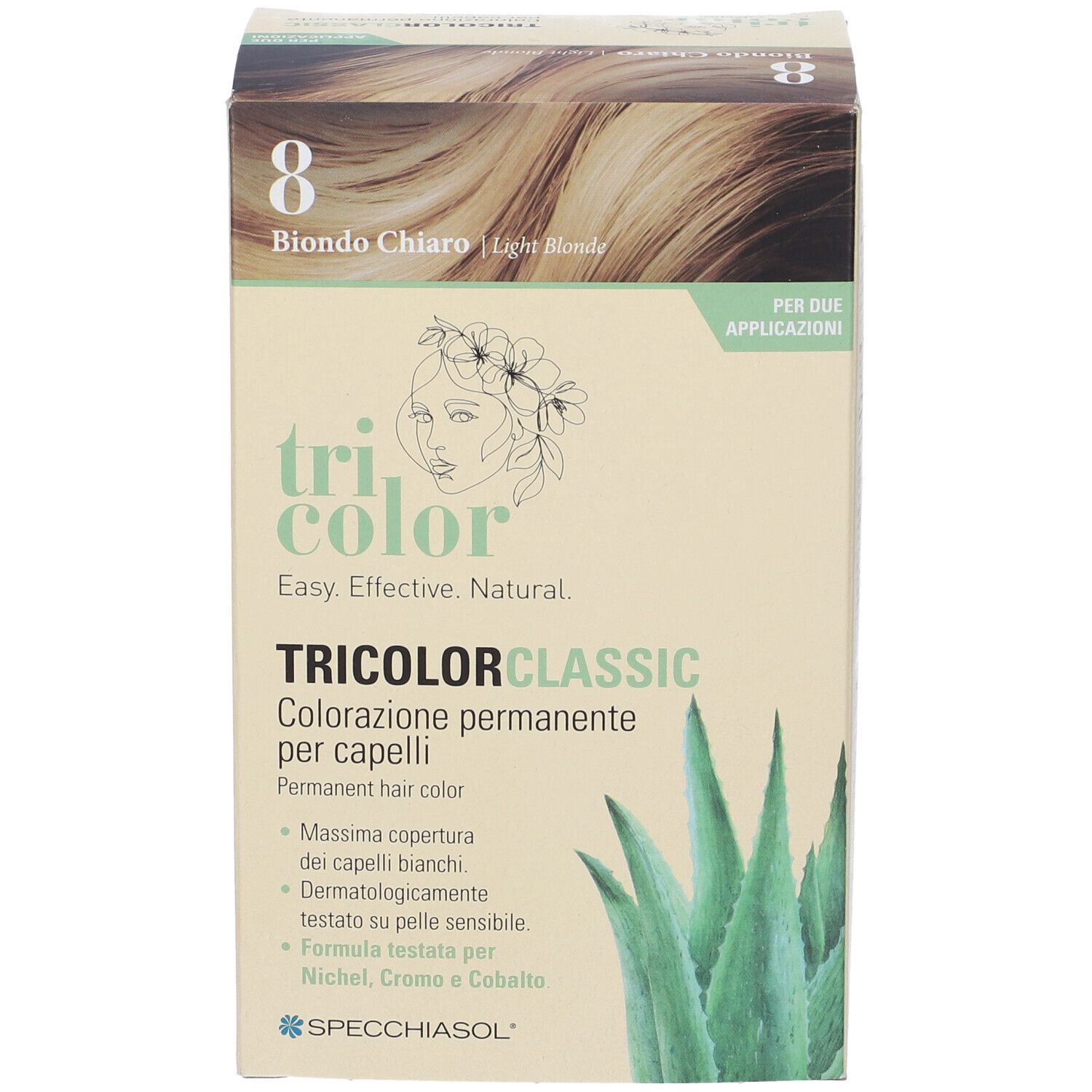 Confezione Tricolor Classic colorazione permanente per capelli, tonalità 8 Biondo Chiaro.
