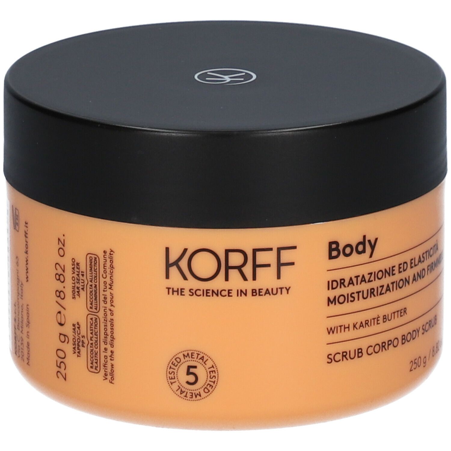 Barattolo con coperchio nero. Scritta: KORFF, Body, 250 g. Testato per 5 metalli.
