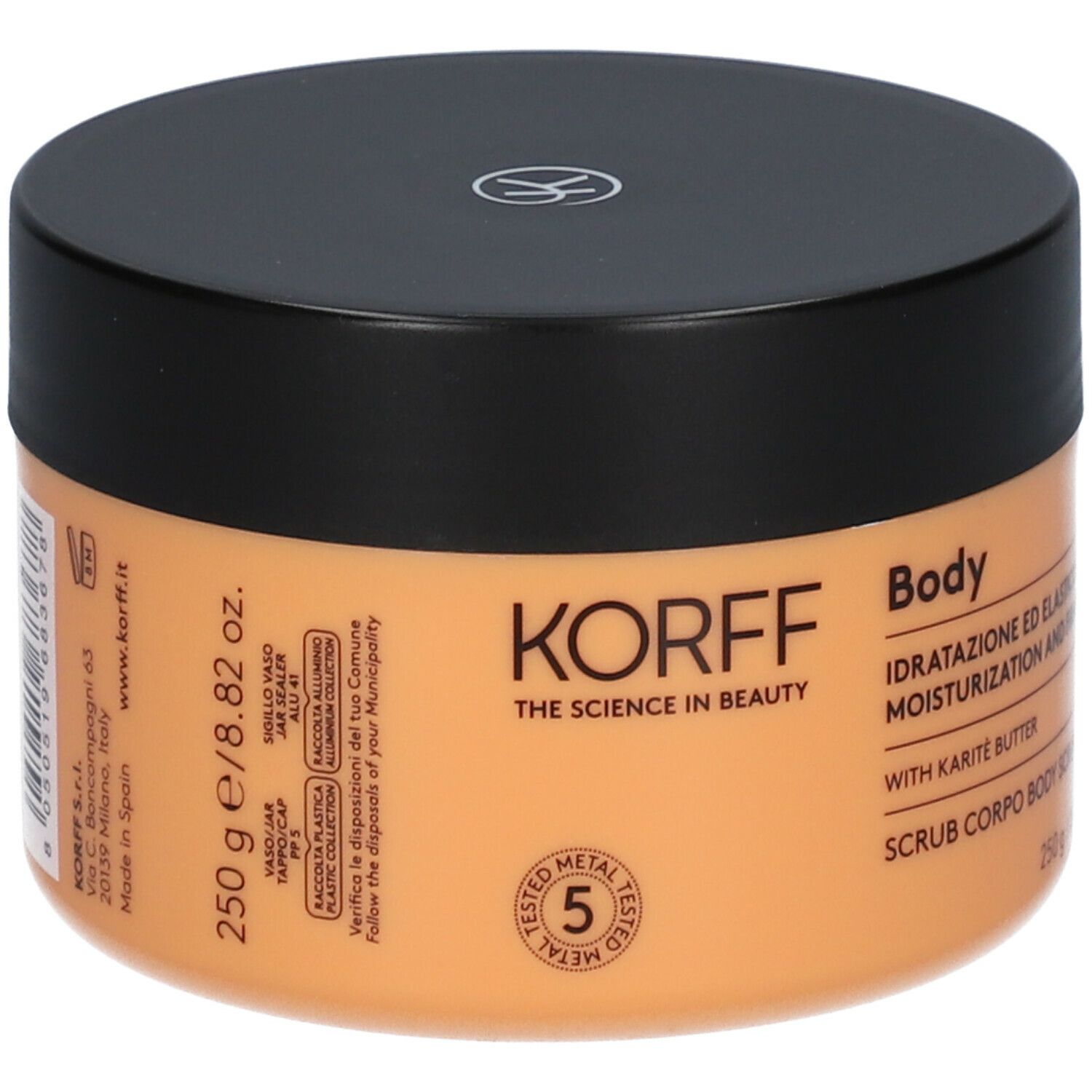 Barattolo con coperchio nero. Scritta: KORFF, Body, 250 g. Testato per 5 metalli.