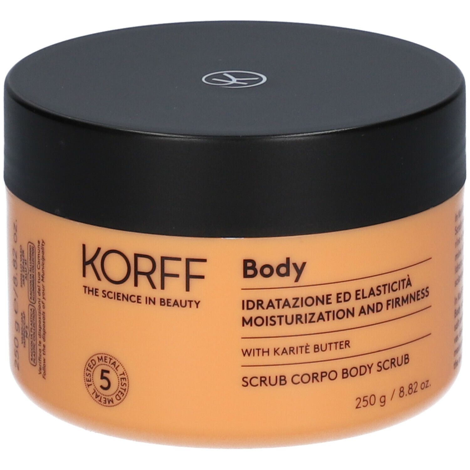 Barattolo con coperchio nero. Scritta: KORFF, Body, 250 g. Testato per 5 metalli.