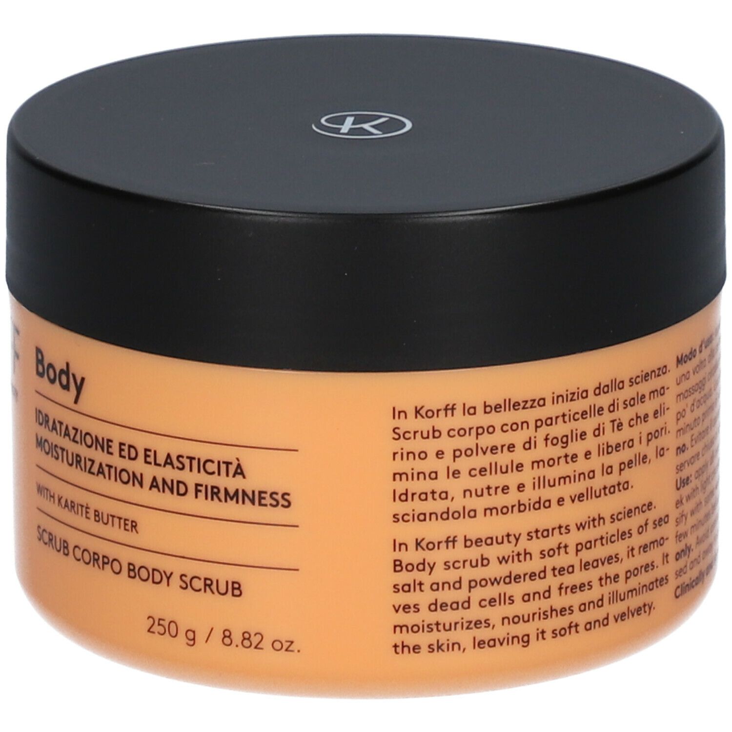 Barattolo con coperchio nero. Scritta: KORFF, Body, 250 g. Testato per 5 metalli.