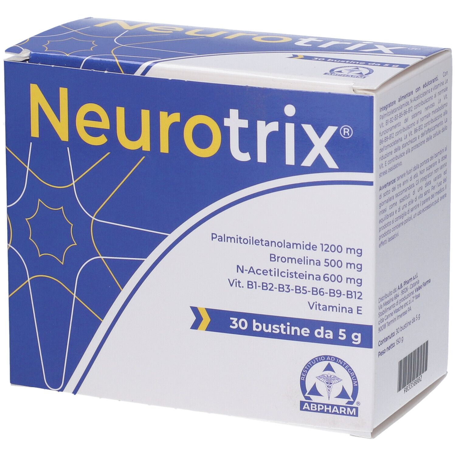 Scatola blu e bianca con logo "Neurotrix" giallo. Contiene 30 bustine. Ingredienti: Palmitoiletanolamide, Bromelina, N-Acetilcisteina, vitamine.