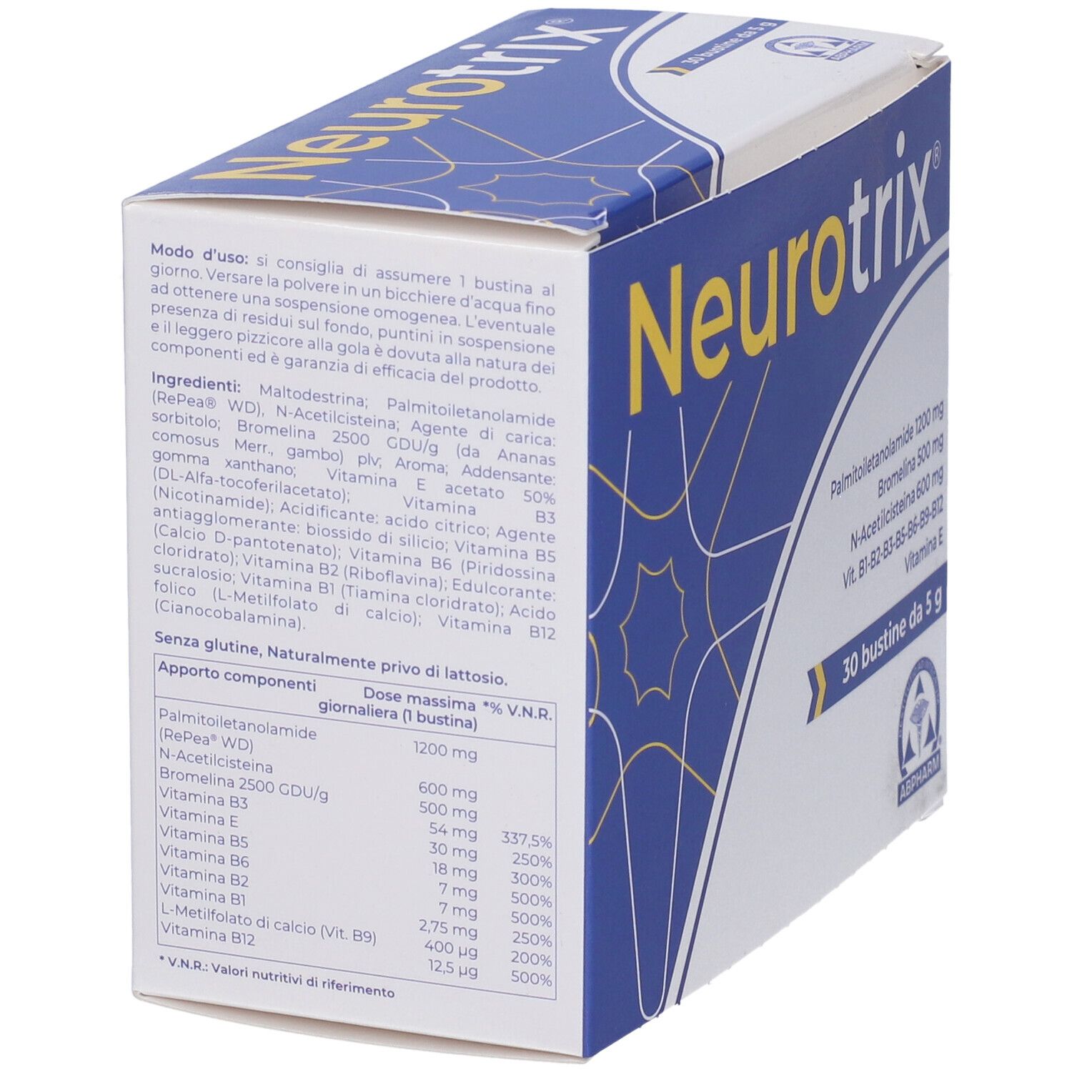 Scatola aperta con logo "Neurotrix". Contiene 30 bustine. Elenco ingredienti e informazioni nutrizionali sul lato. Logo ABPHARM.