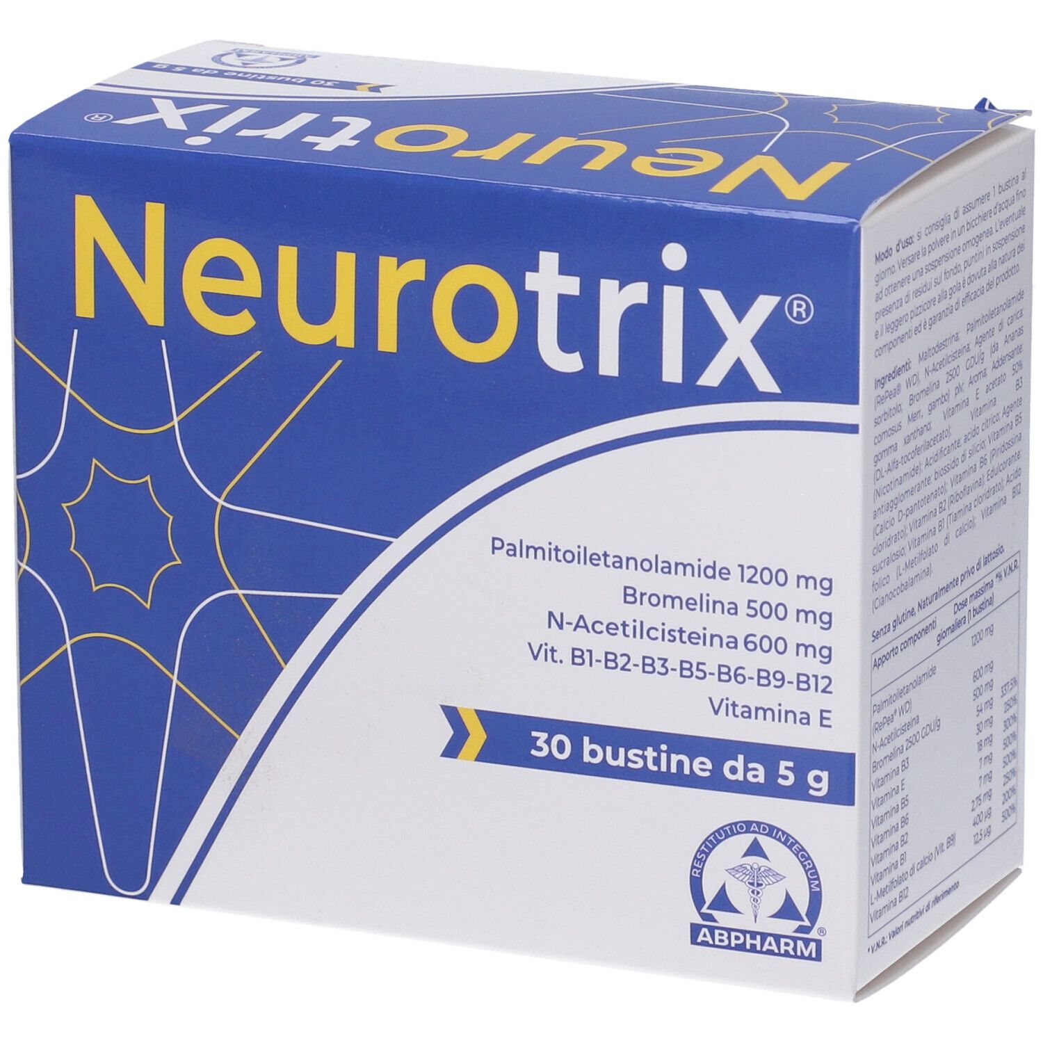 Scatola blu e bianca con logo "Neurotrix" giallo. Contiene 30 bustine. Ingredienti: Palmitoiletanolamide, Bromelina, N-Acetilcisteina, vitamine.