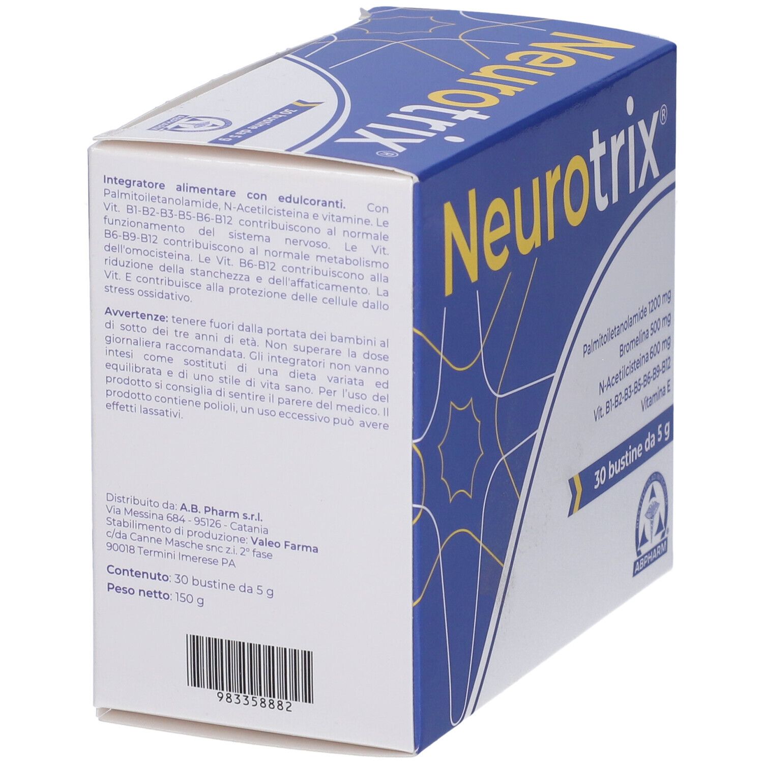 Scatola con logo "Neurotrix". Contiene 30 bustine. Elenco ingredienti e informazioni produttore sul lato. Logo ABPHARM.