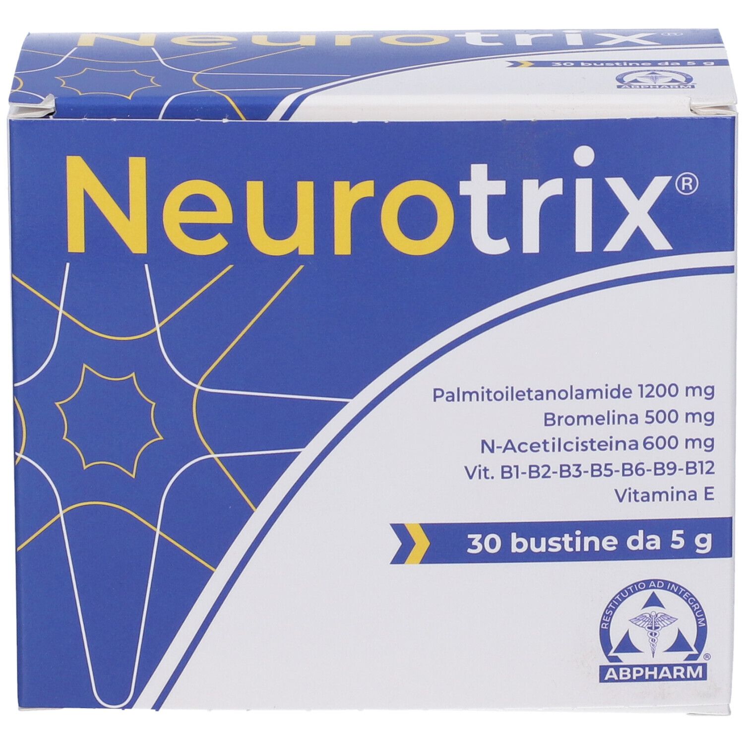 Scatola blu e bianca con logo "Neurotrix" giallo. Contiene 30 bustine. Ingredienti: Palmitoiletanolamide, Bromelina, N-Acetilcisteina, vitamine.