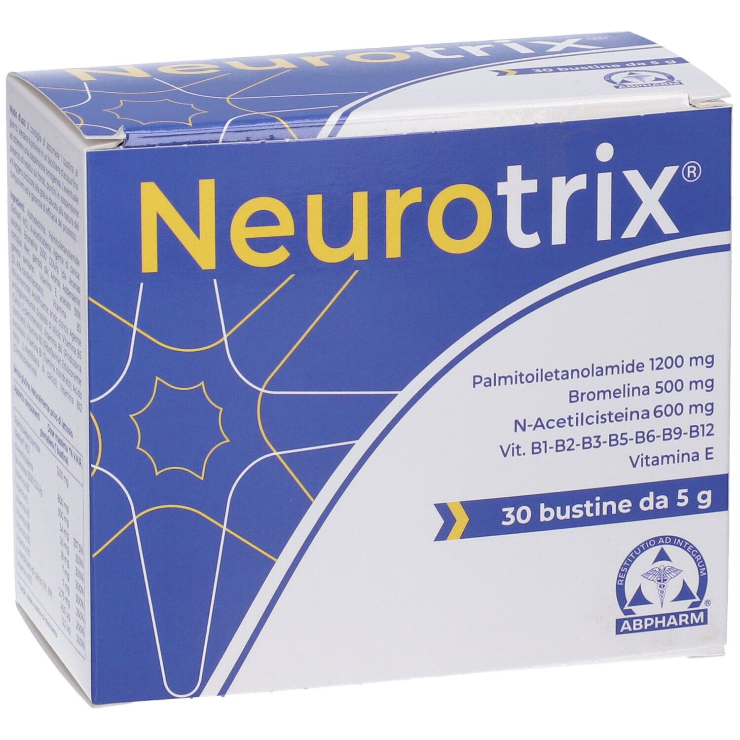 Scatola blu e bianca con logo "Neurotrix" giallo. Contiene 30 bustine. Ingredienti: Palmitoiletanolamide, Bromelina, N-Acetilcisteina, vitamine.