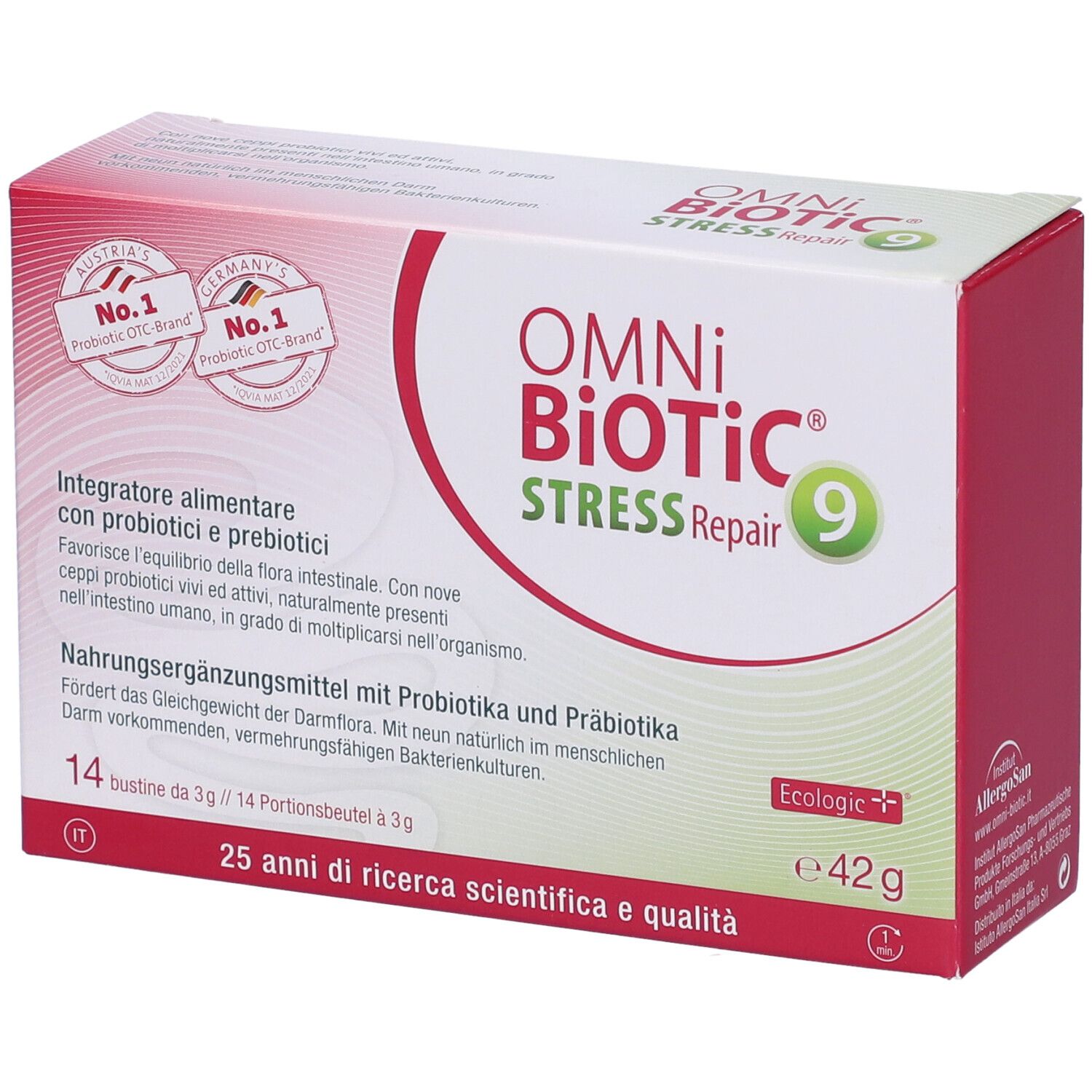 Scatola OMNi BiOTiC Stress Repair 9, 14 bustine. Loghi e testo in tedesco e italiano.
