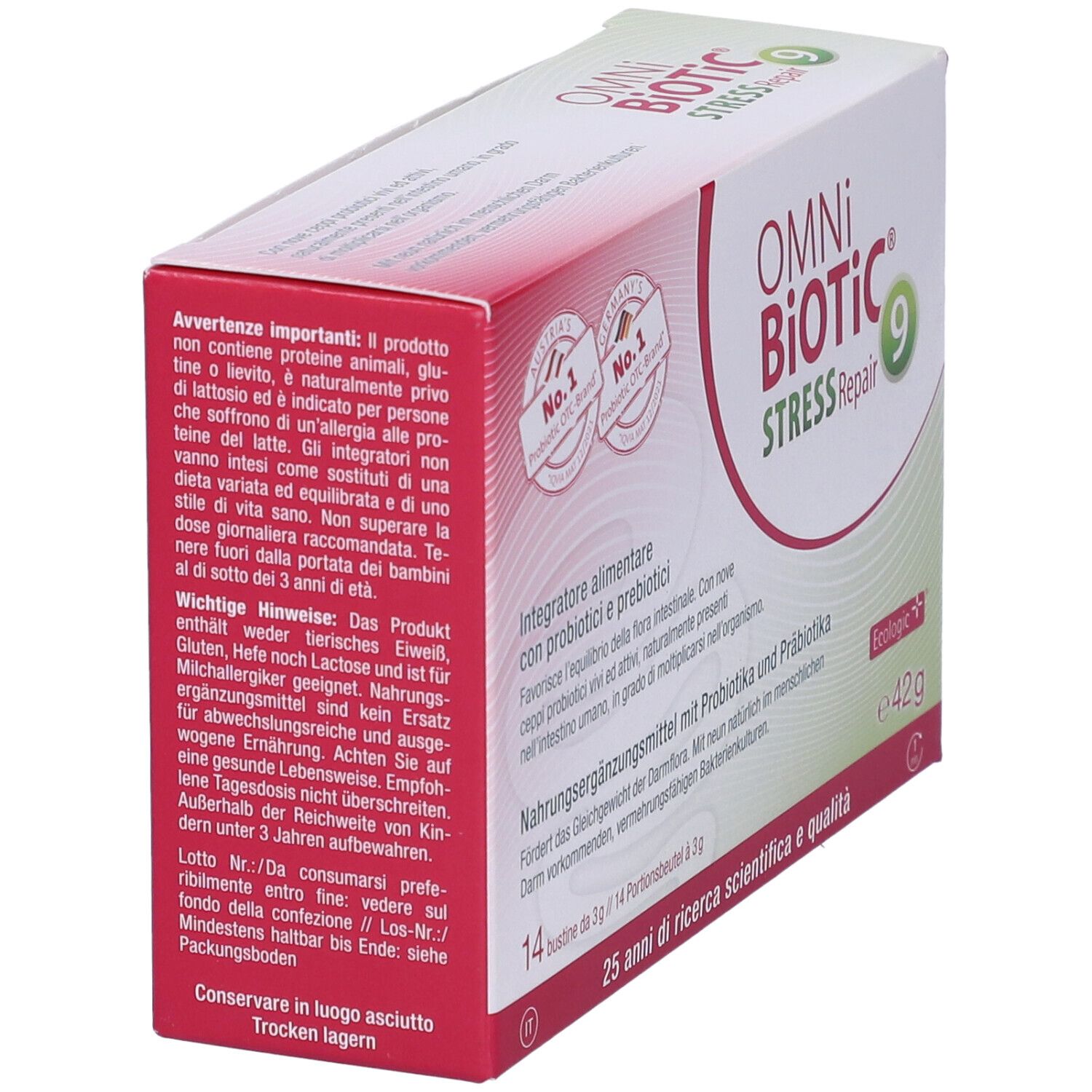 Vista laterale della scatola OMNi BiOTiC Stress Repair 9. Testo in tedesco e italiano. Contiene 14 bustine.