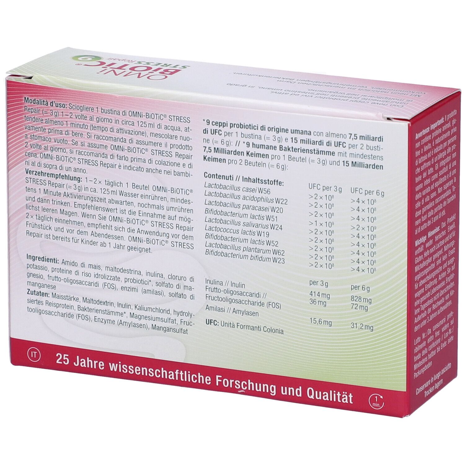 Retro della scatola OMNi BiOTiC Stress Repair 9. Contiene ingredienti e istruzioni in italiano.