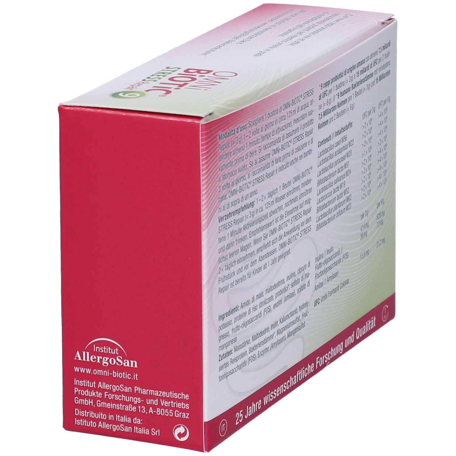 Vista laterale della scatola OMNi BiOTiC Stress Repair 9. Testo in tedesco e italiano. Informazioni produttore.