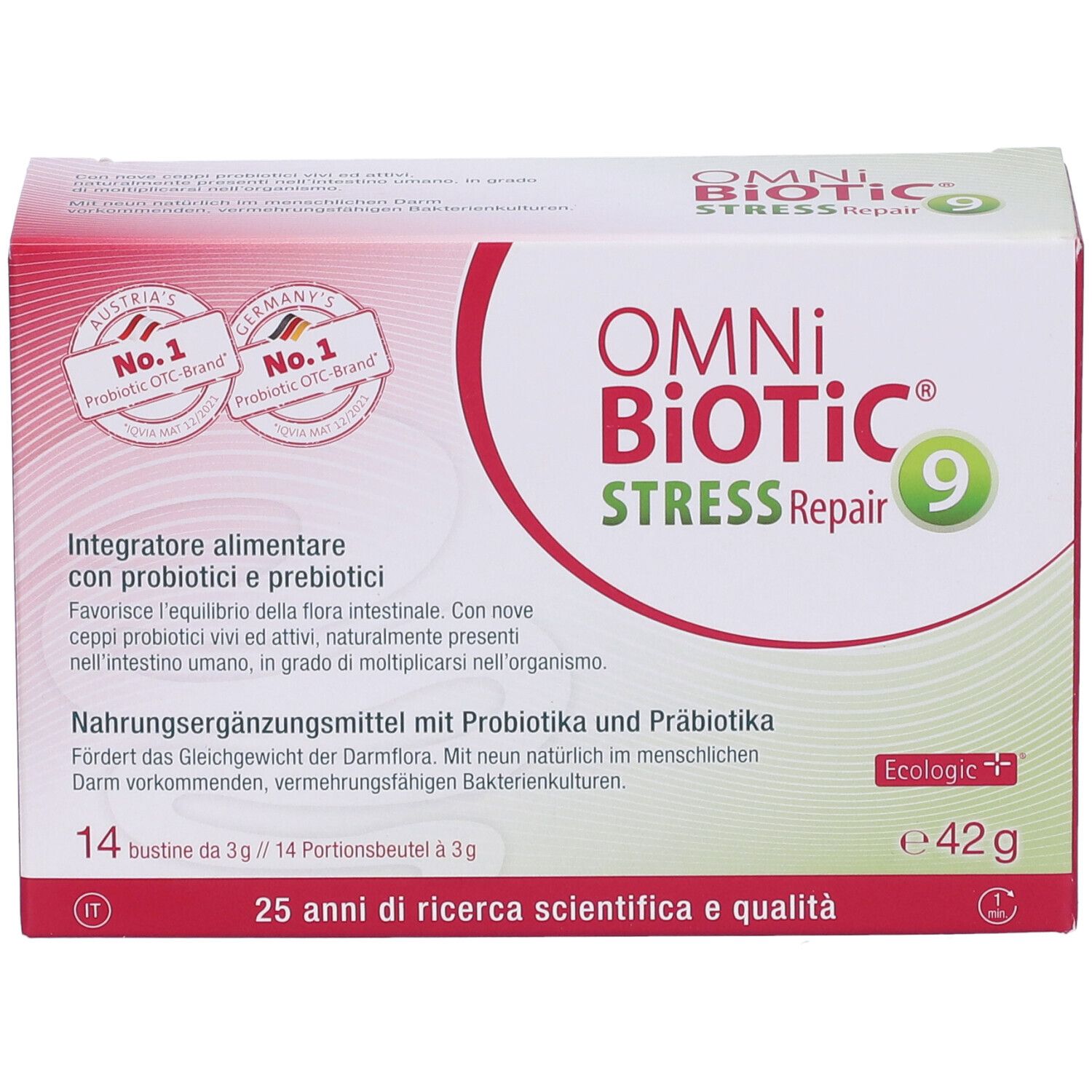 Scatola OMNi BiOTiC Stress Repair 9, 14 bustine. Loghi e testo in tedesco e italiano. 42g.