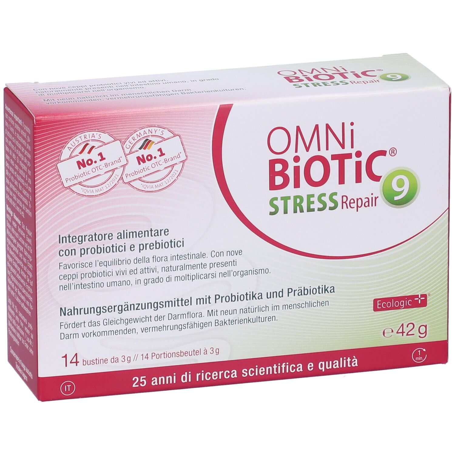 Scatola OMNi BiOTiC Stress Repair 9, 14 bustine. Loghi e testo in tedesco e italiano. 42g.