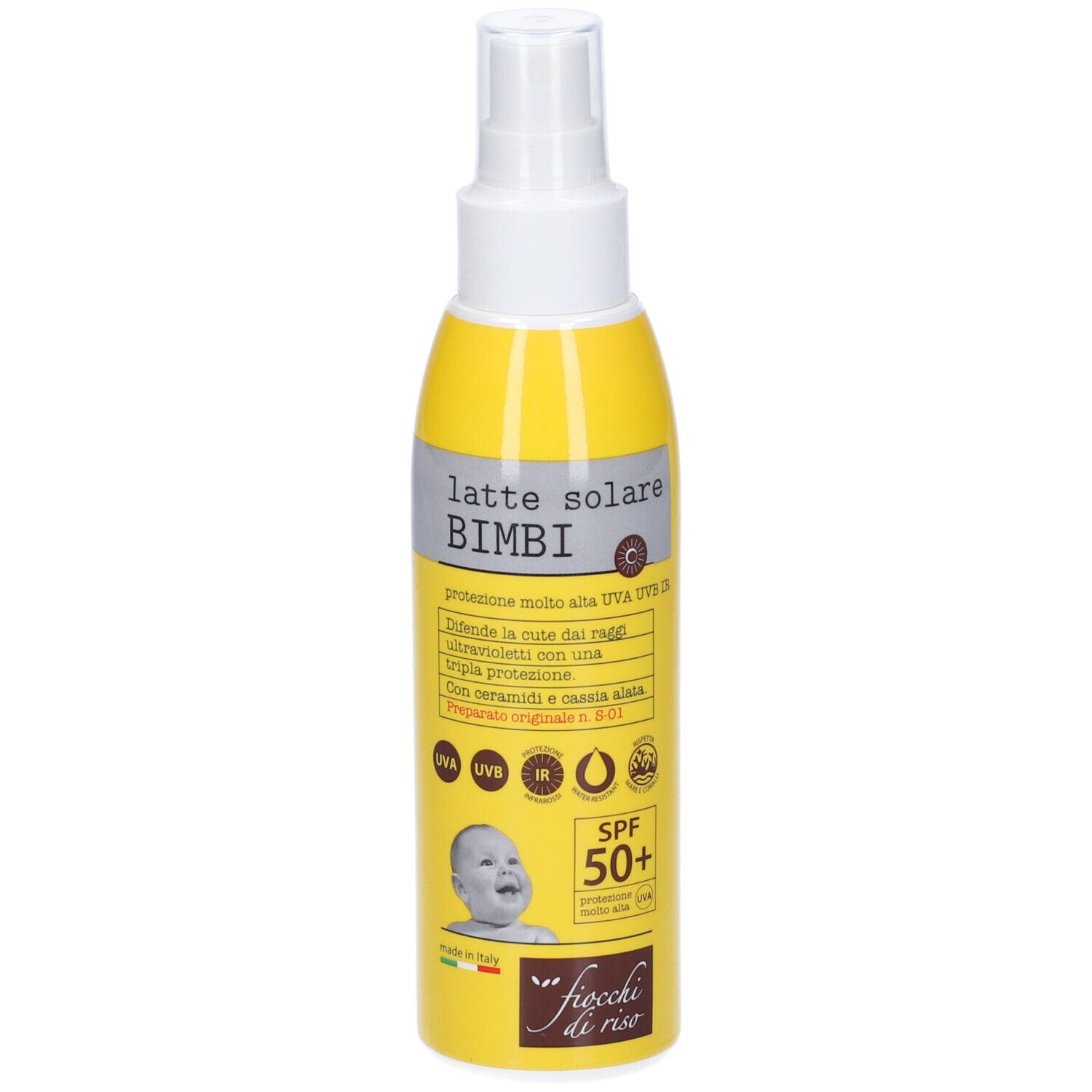Flacone giallo con vaporizzatore. Scritta: Latte Solare Bimbi, SPF 50+. Logo Fiocchi di Riso.