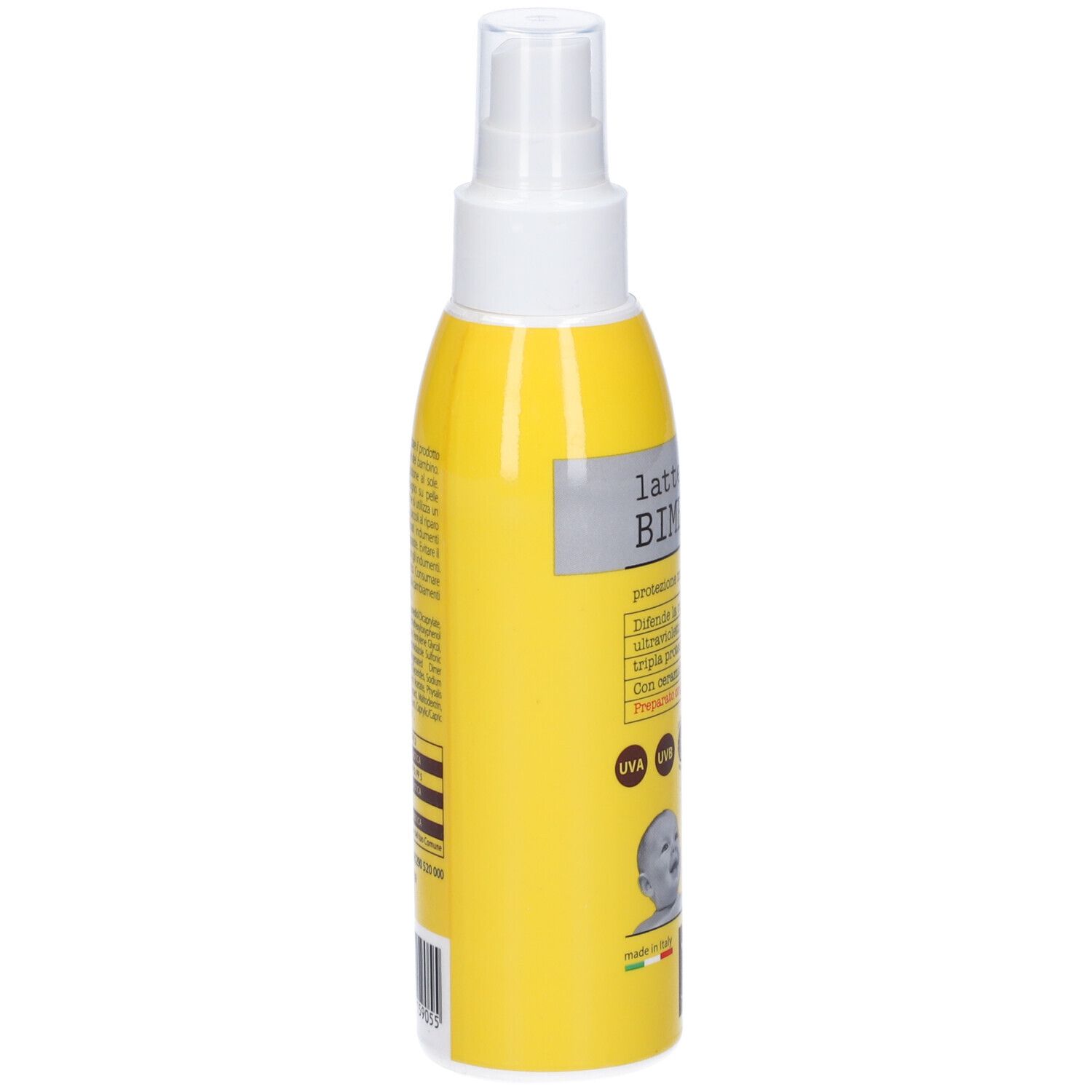 Flacone giallo con vaporizzatore. Scritta: Latte Solare Bimbi, SPF 50+. Logo Fiocchi di Riso.