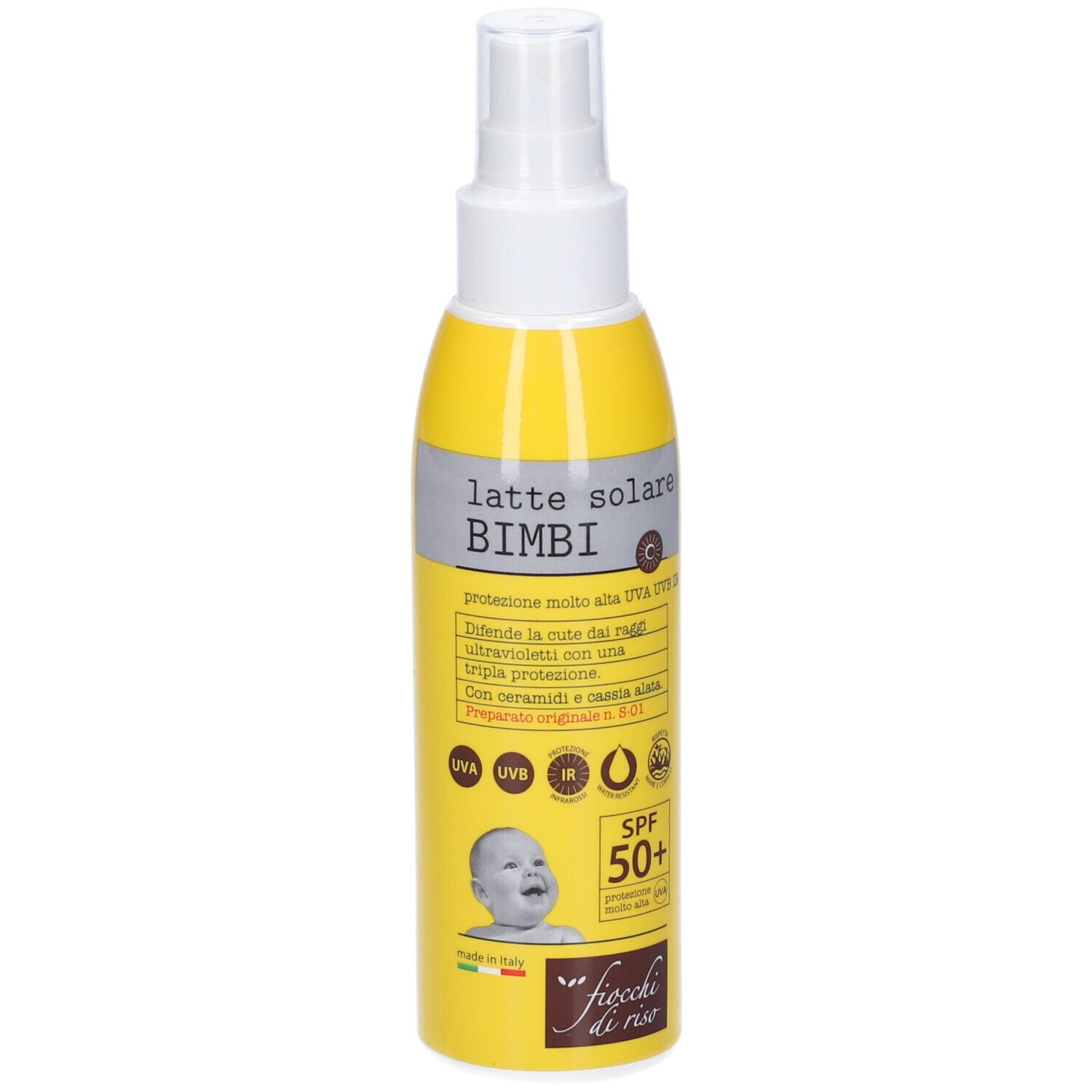Flacone giallo con vaporizzatore. Scritta: Latte Solare Bimbi, SPF 50+. Logo Fiocchi di Riso.