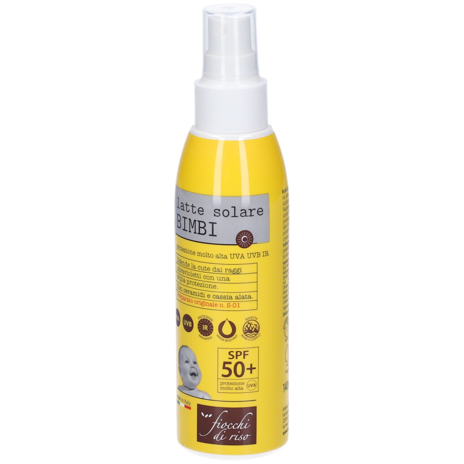 Flacone giallo con vaporizzatore. Scritta: Latte Solare Bimbi, SPF 50+. Logo Fiocchi di Riso.