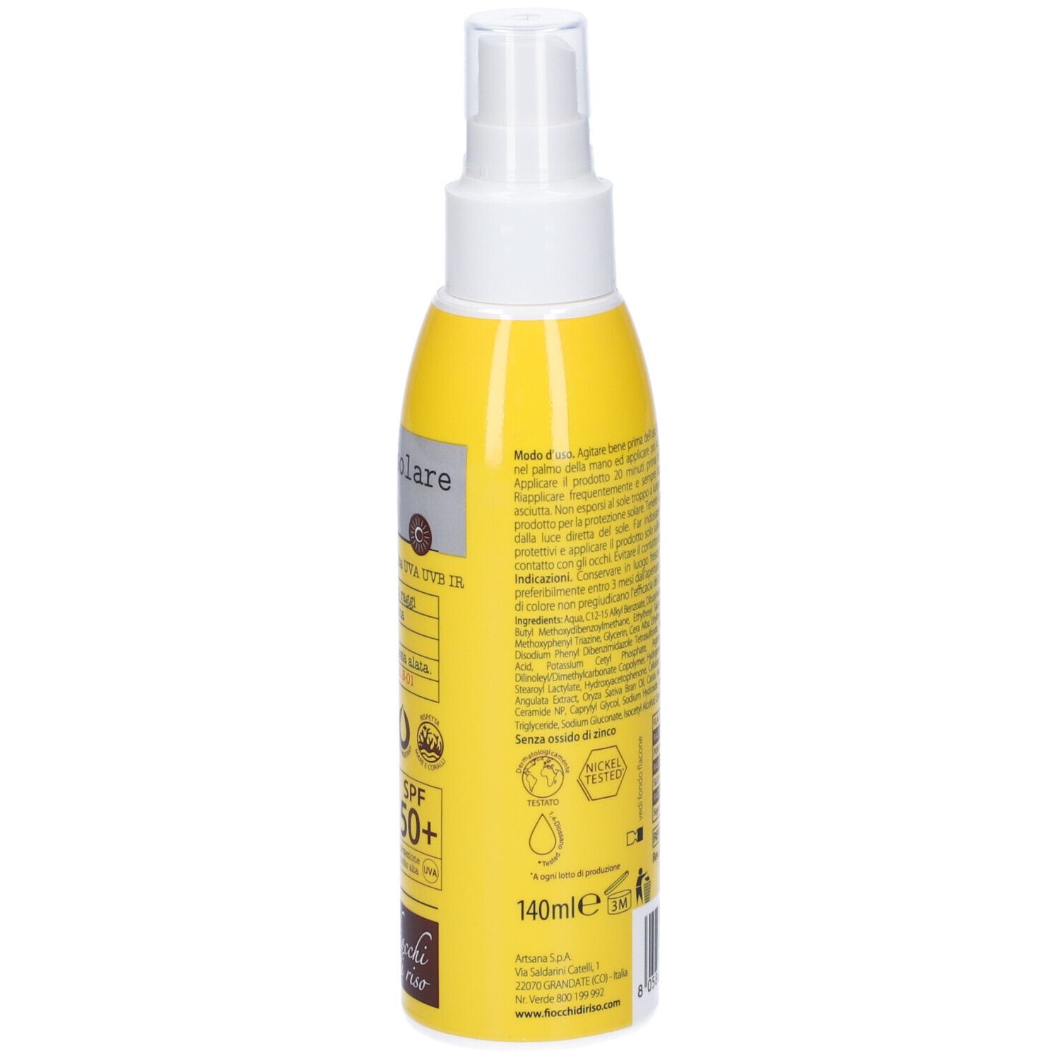 Flacone giallo con vaporizzatore. Scritta: Latte Solare Bimbi, SPF 50+. Logo Fiocchi di Riso.