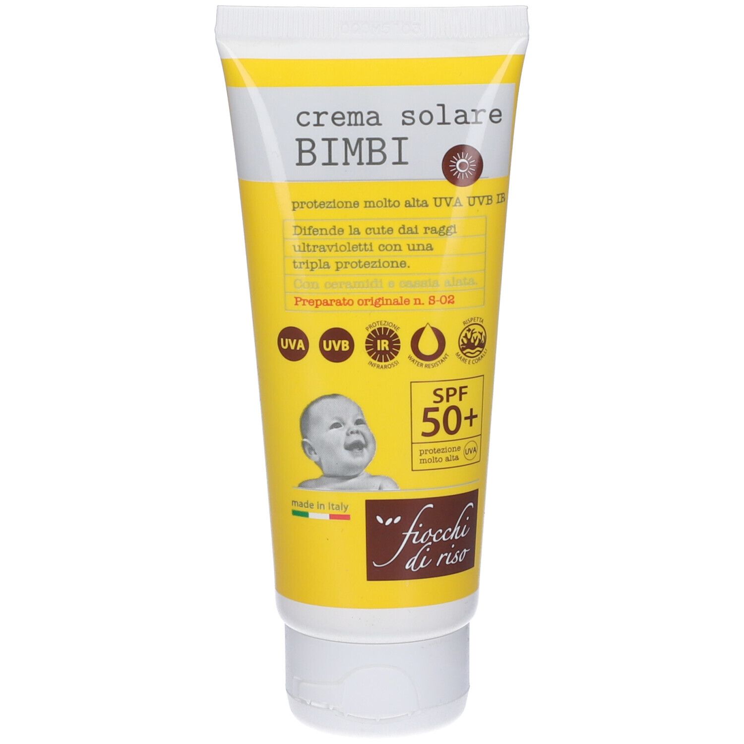 Tubo giallo di crema solare per bambini. Testo: 'Crema Solare Bimbi', SPF 50+. Logo: Fiocchi di Riso.