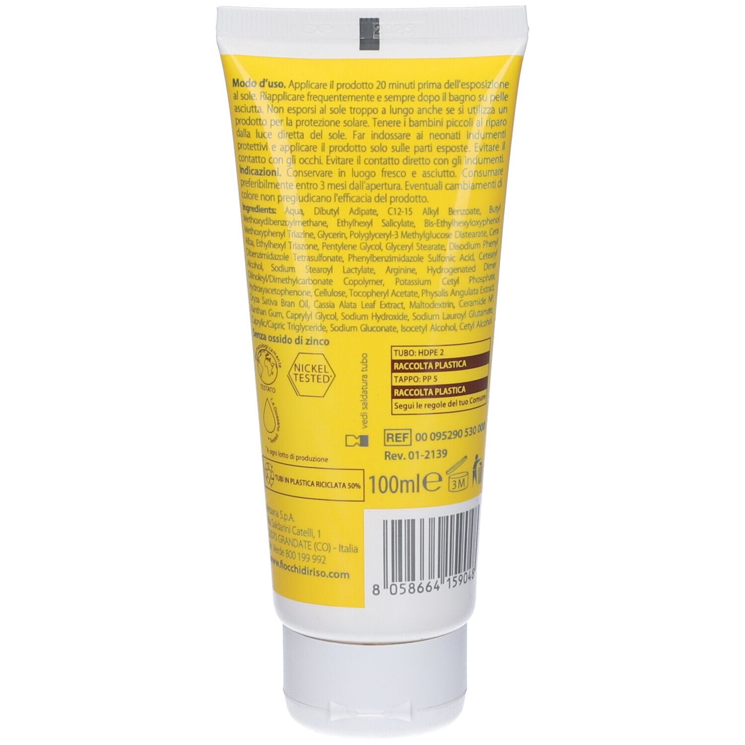 Retro di un tubo di crema solare gialla. Testo: 'Crema Solare Bimbi'. Contiene informazioni sugli ingredienti e il riciclo.