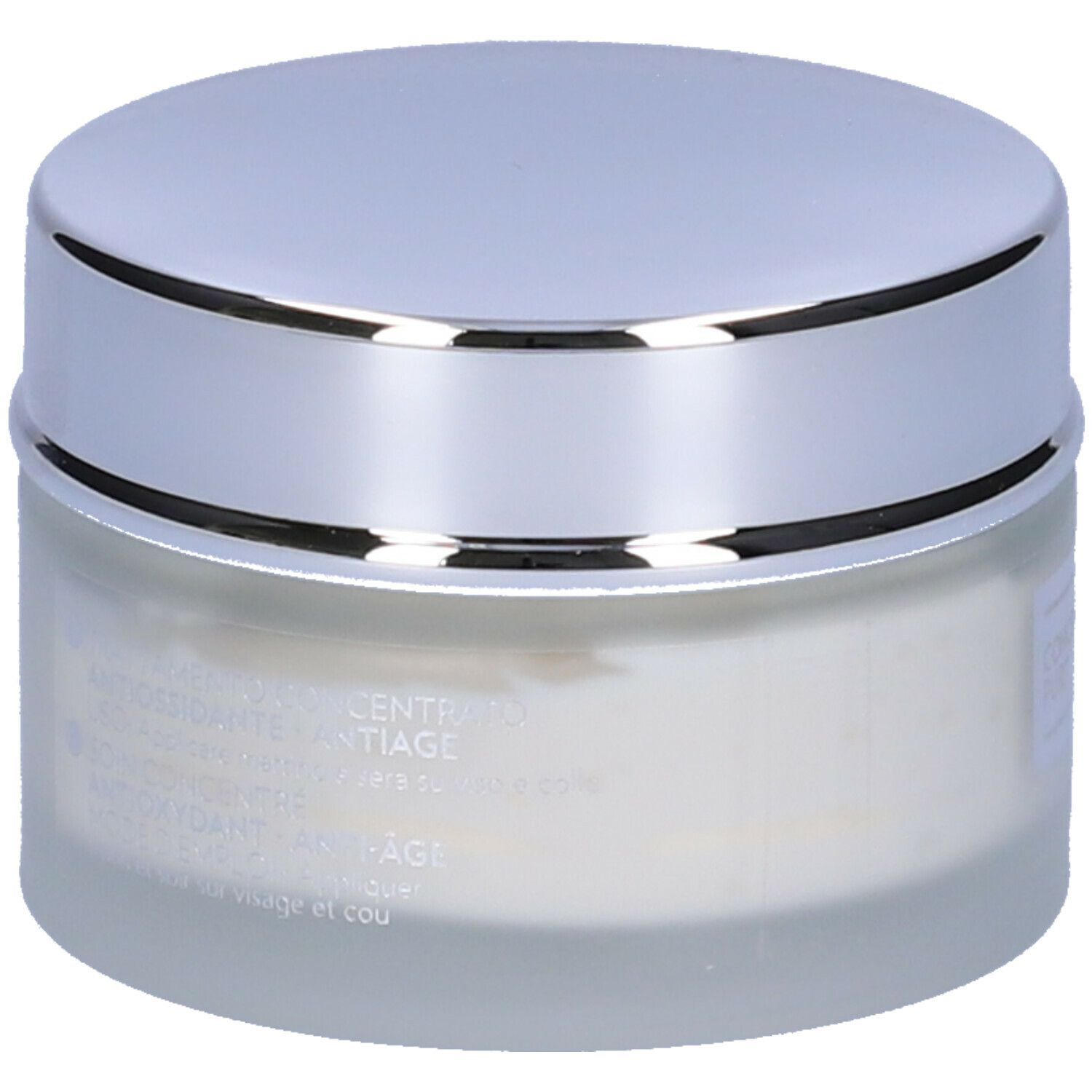 Vasetto di crema con coperchio argentato. L'etichetta riporta CONCENTRATI PURI e testo.
