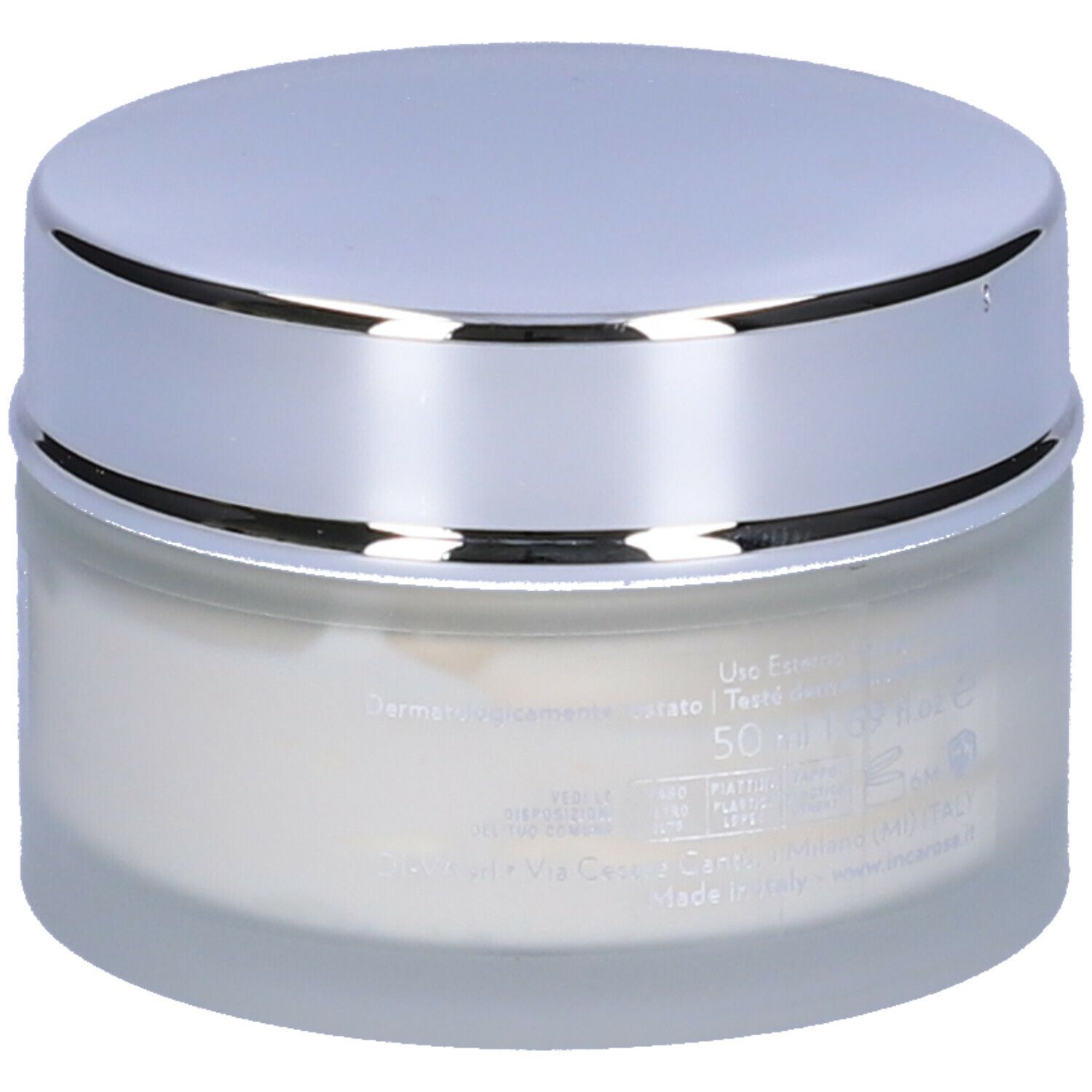 Vasetto di crema con coperchio argentato. L'etichetta riporta testo e loghi.