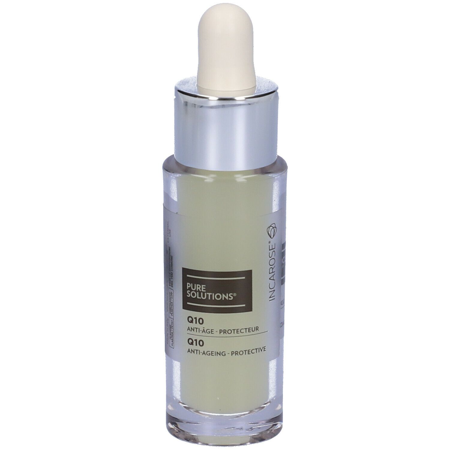 Flacone con pipetta. Scritta: Q10 Anti-Age Protettivo. Liquido trasparente. Tappo argentato.