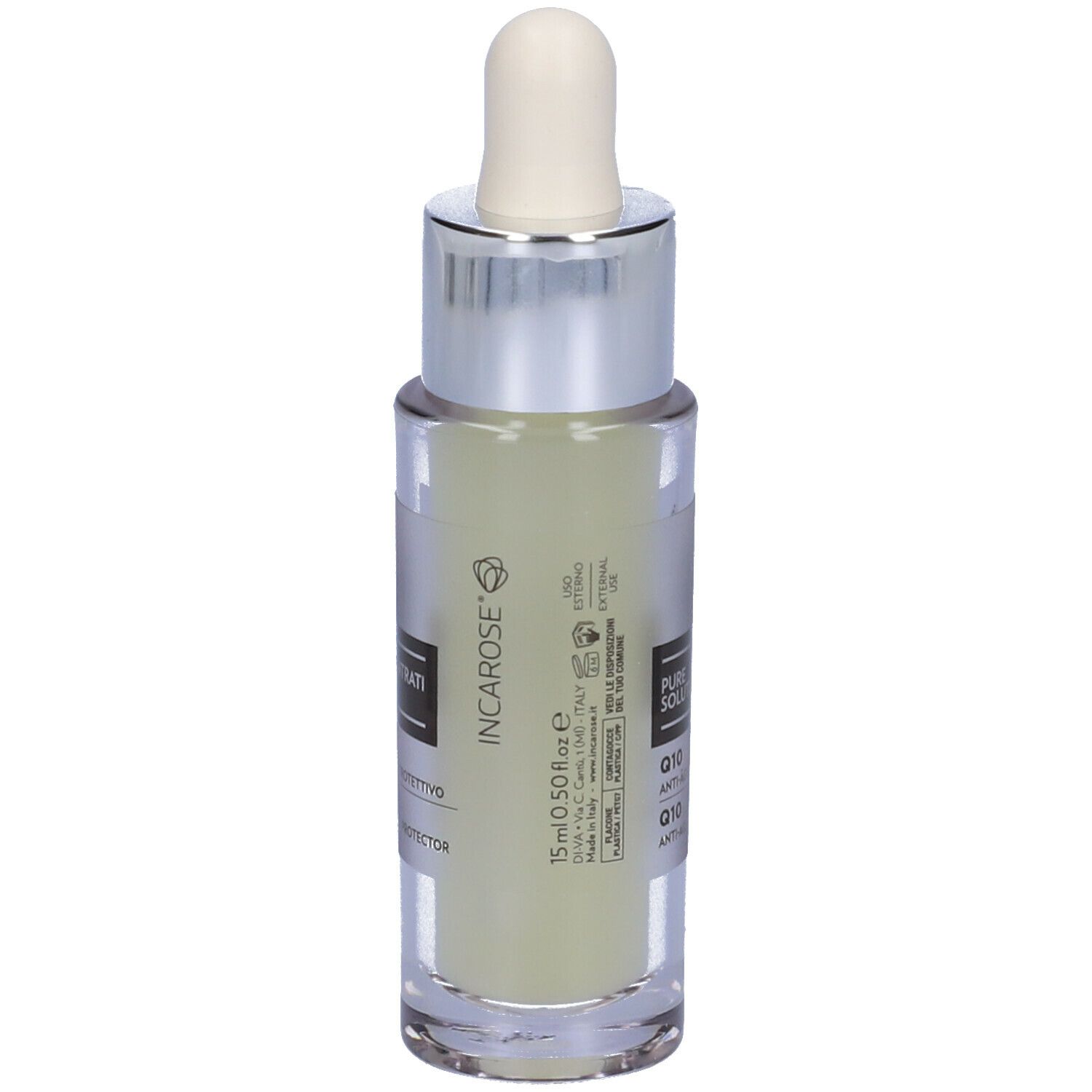 Flacone con pipetta. Scritta: Q10 Anti-Age Protettivo. Liquido trasparente. Tappo argentato. 15 ml.