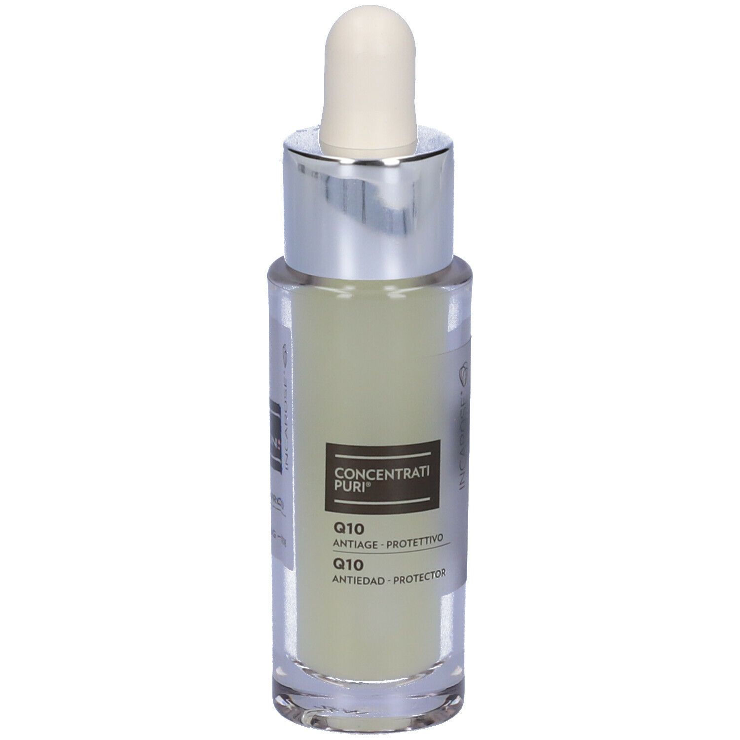 Flacone con pipetta. Scritta: Concentrati Puri Q10. Liquido trasparente. Tappo argentato.