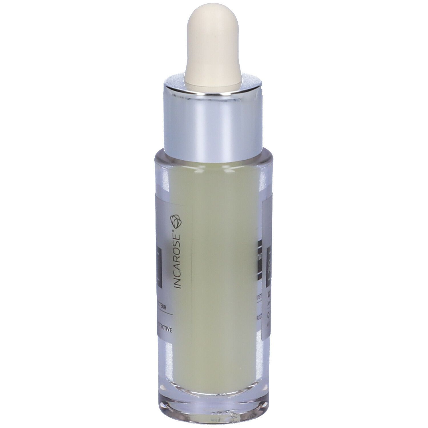 Flacone con pipetta. Scritta: INCAROSE. Liquido trasparente. Tappo argentato.