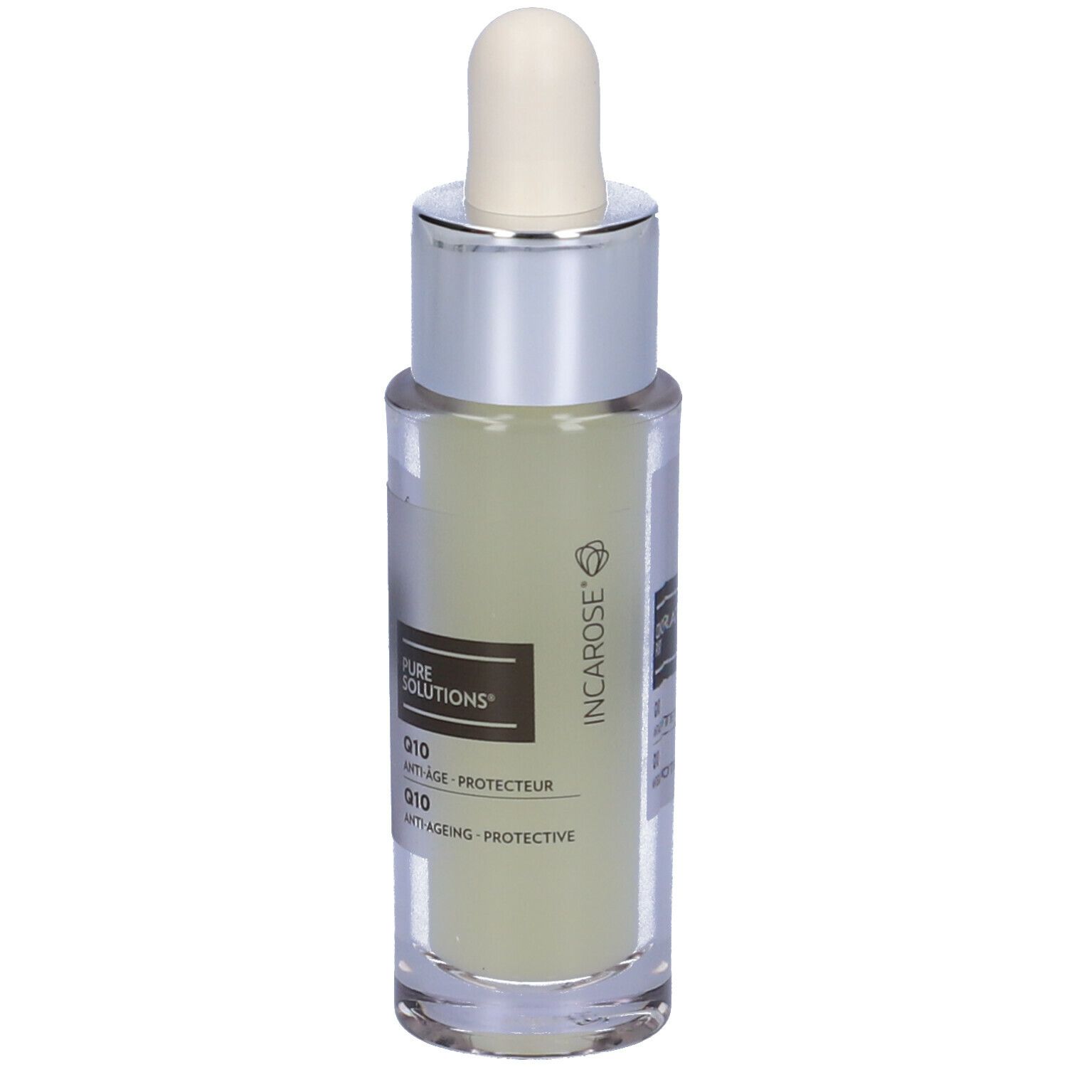 Flacone con pipetta. Scritta: Q10 Anti-Age Protettivo. Liquido trasparente. Tappo argentato.