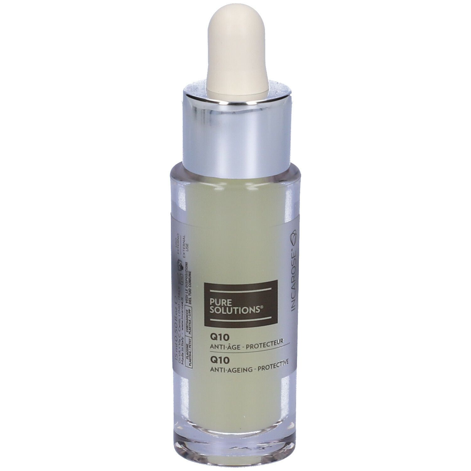 Flacone con pipetta. Scritta: Q10 Anti-Age Protettivo. Liquido trasparente. Tappo argentato.