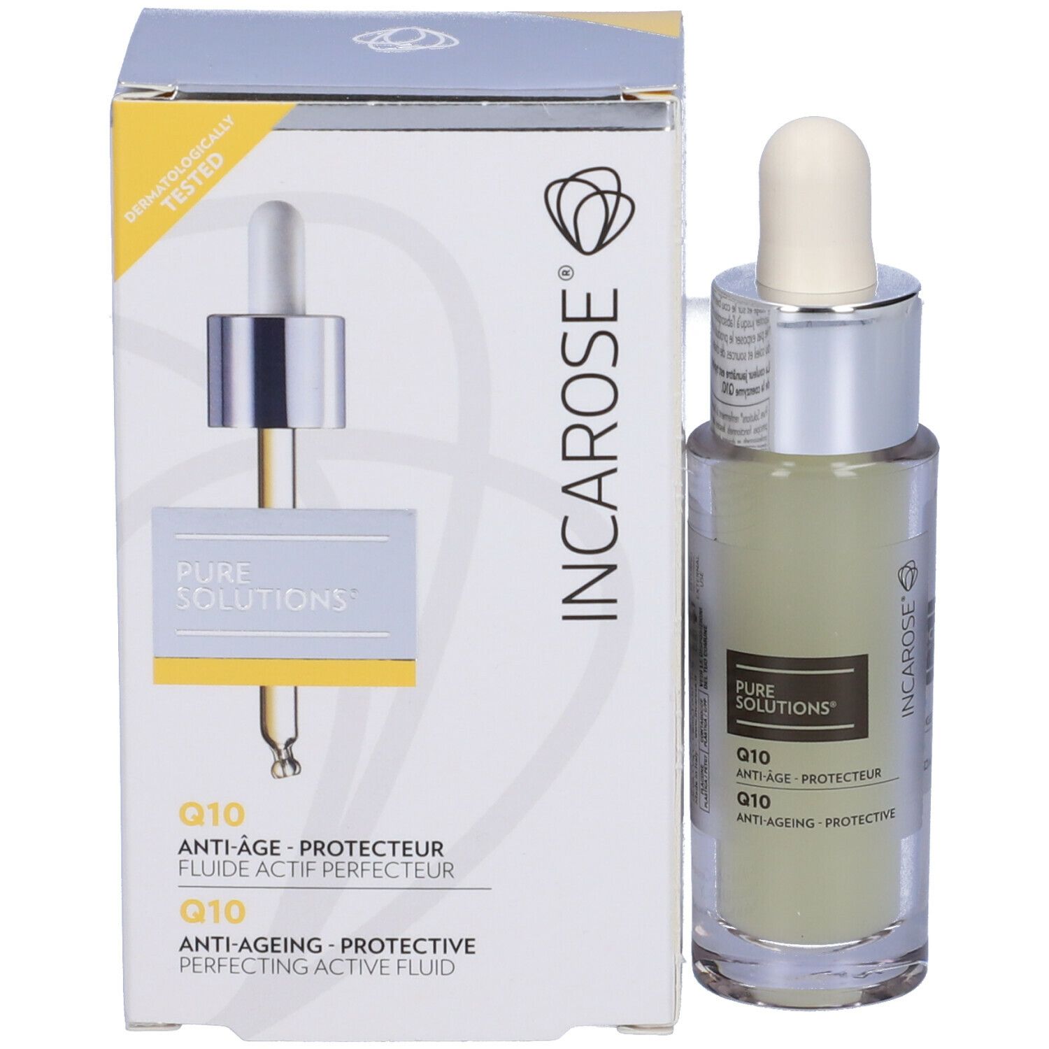 Flacone con pipetta e confezione. Scritta: Q10 Anti-Age Protettivo. Dermatologicamente testato.
