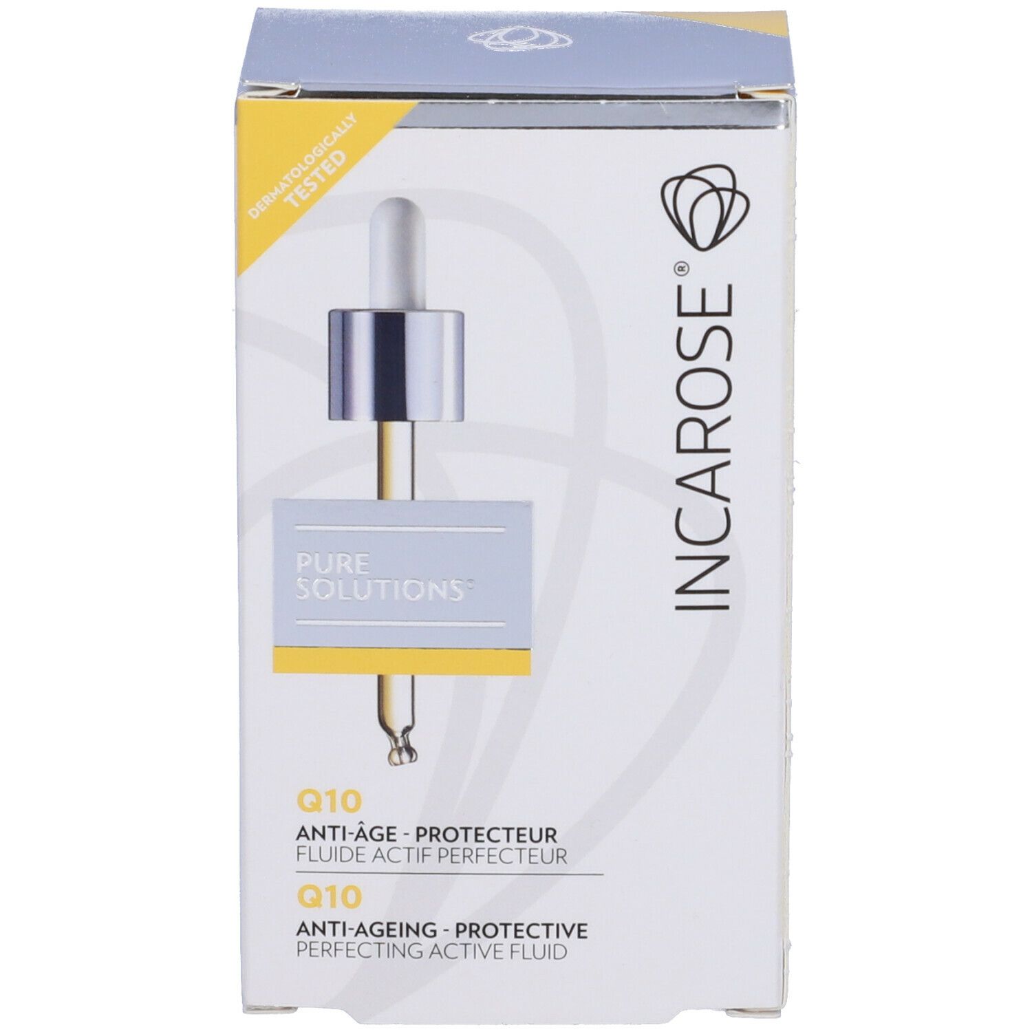 Confezione del prodotto. Scritta: Q10 Anti-Age Protettivo. Dermatologicamente testato. Marchio INCAROSE.