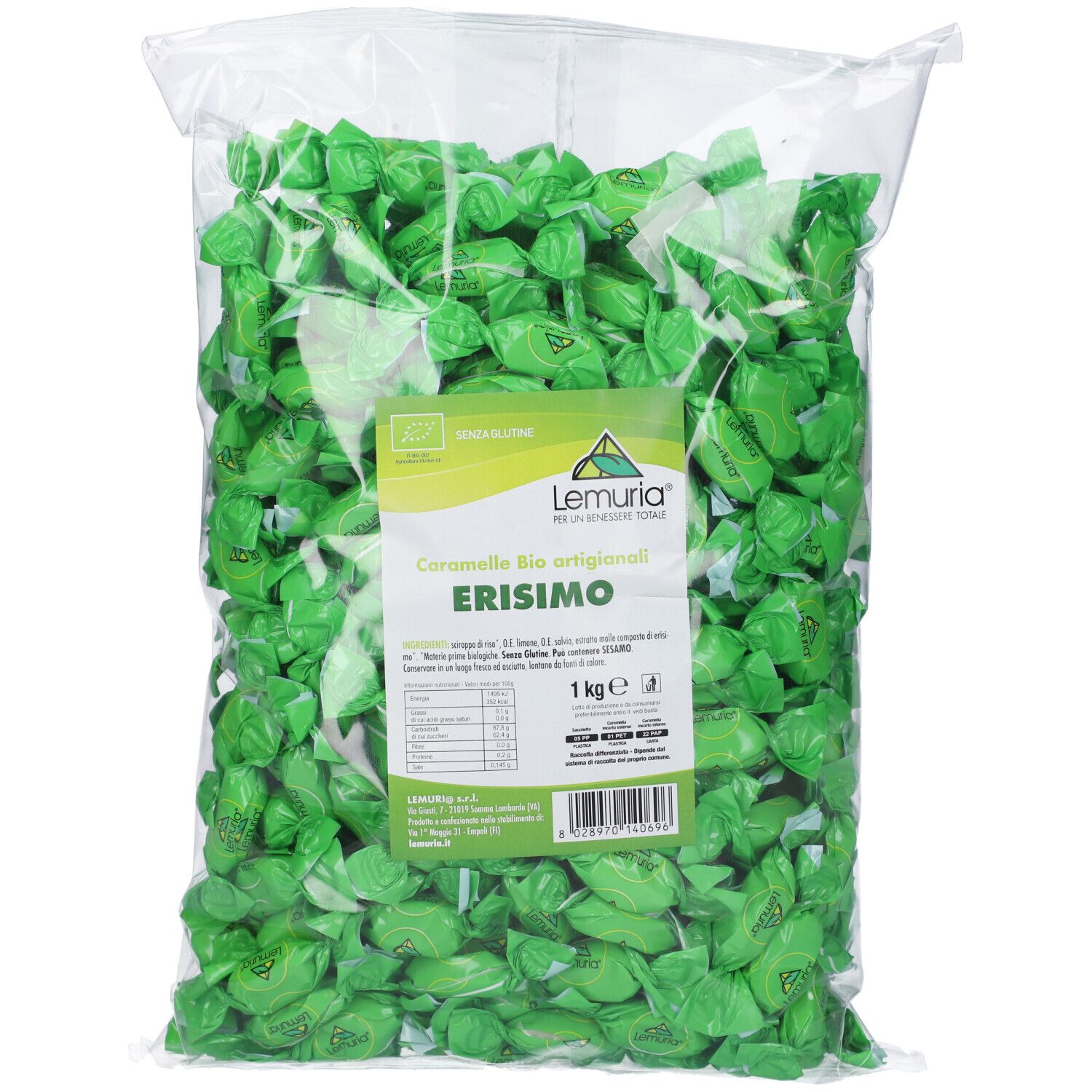 Grande sacco di caramelle verdi. Scritta: Caramelle Erisimo Bio, 1 kg. Certificazione biologica.