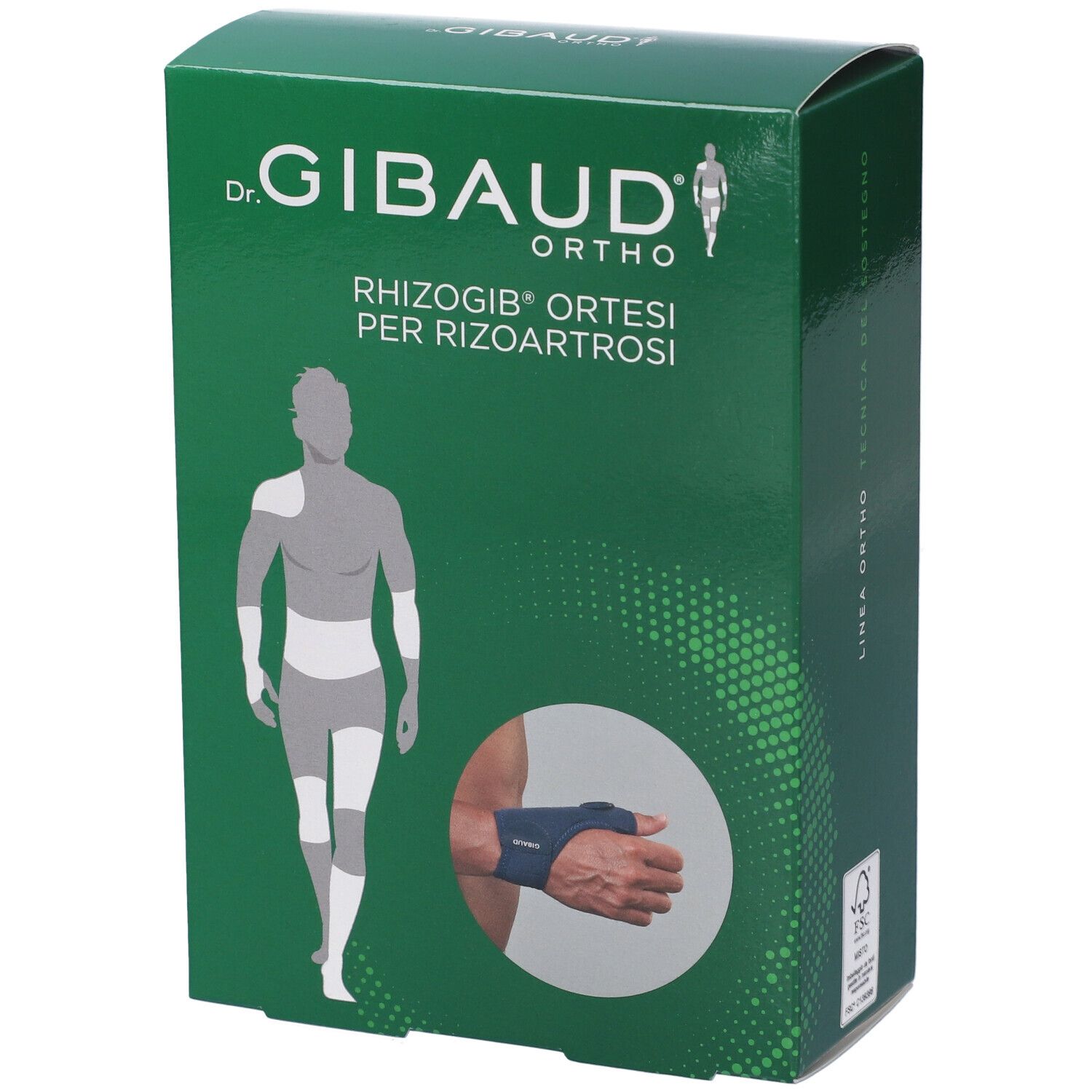 Scatola verde. Scritta: Dr. Gibaud Ortho, Rhizogib Ortesi per Rizoartrosi. Immagine di una mano con ortesi.