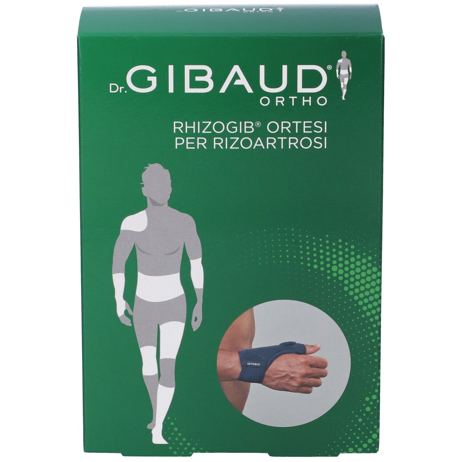 Scatola verde. Scritta: Dr. Gibaud Ortho, Rhizogib Ortesi per Rizoartrosi. Immagine di una mano con ortesi.